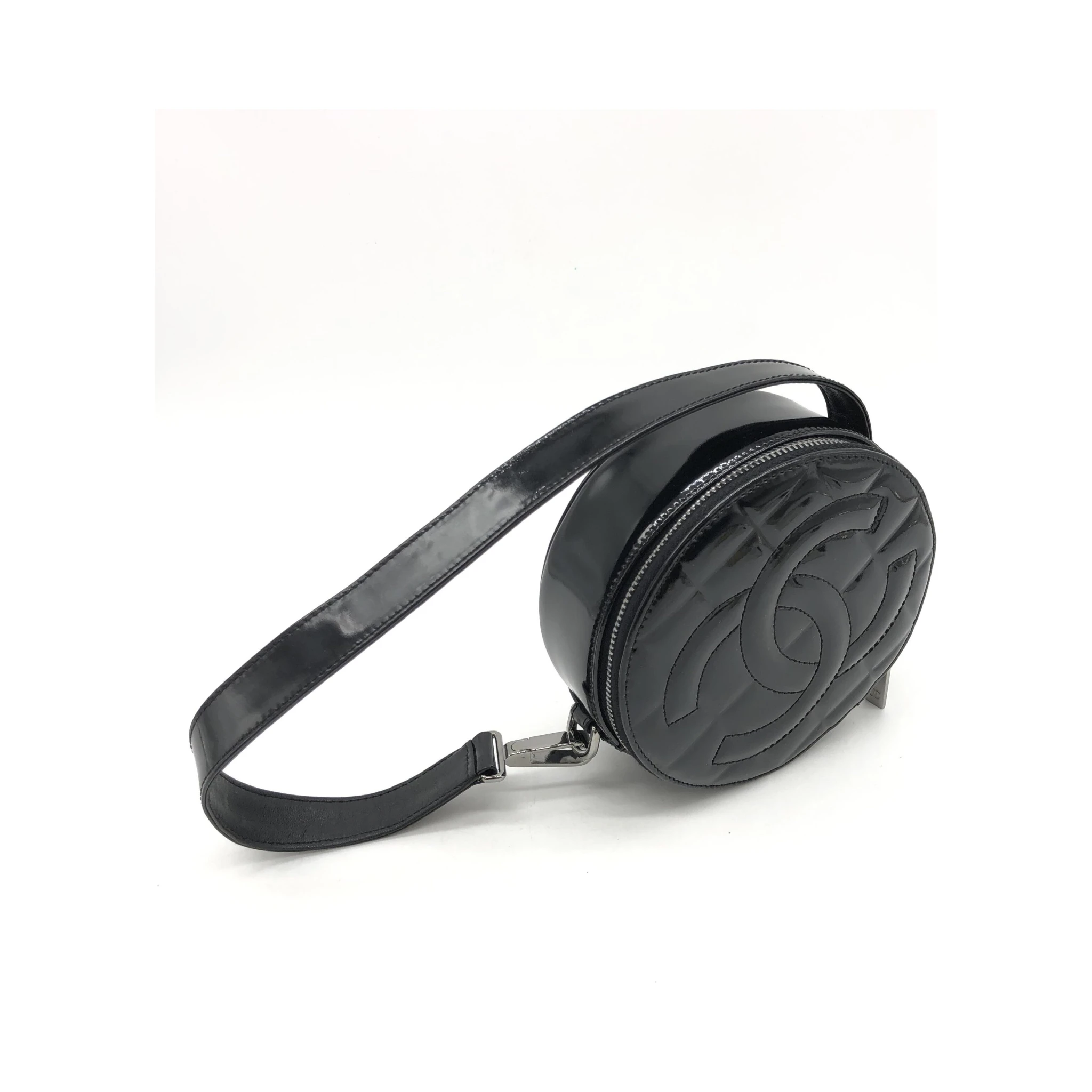 Black Patent Quilted CC Circle Mini Bag