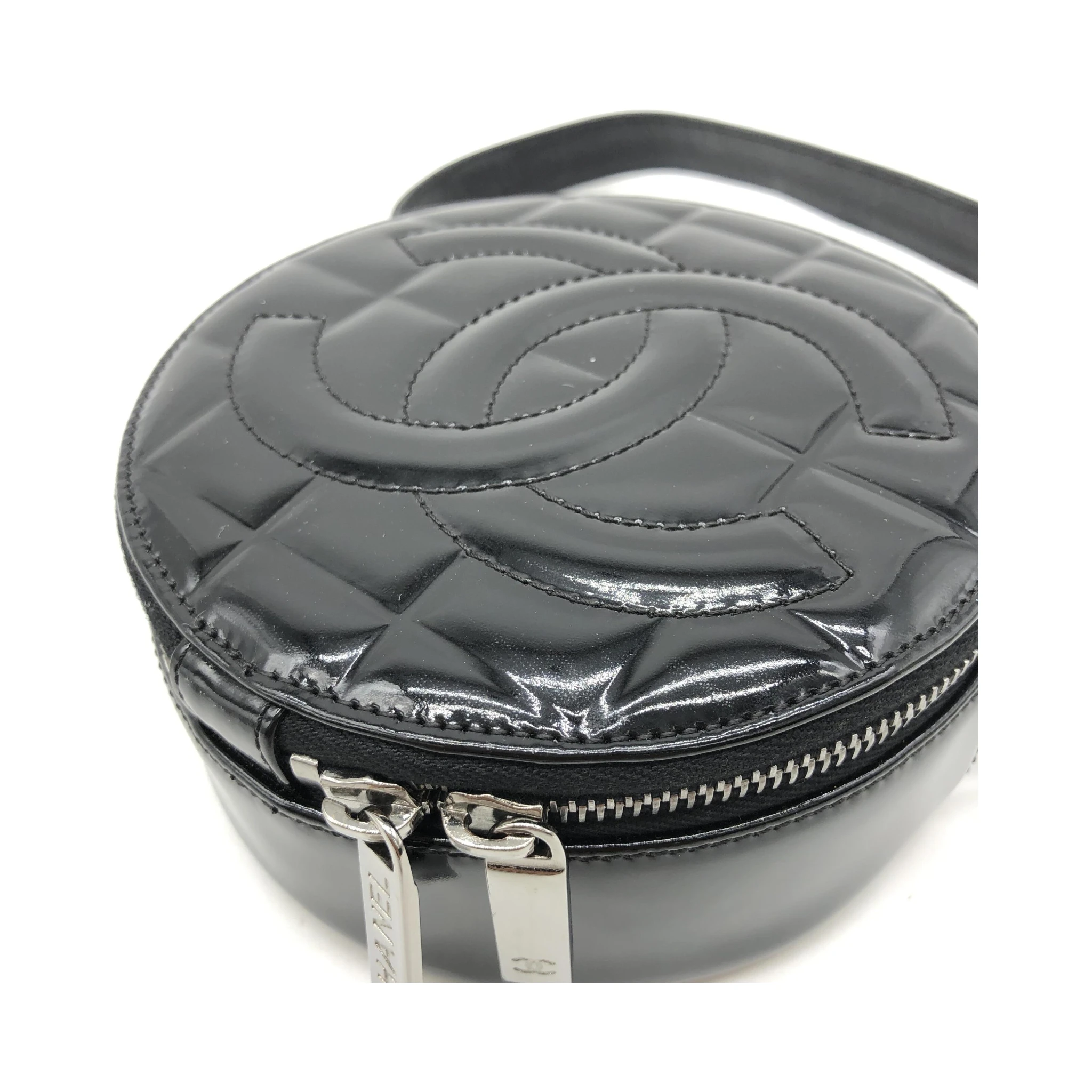 Black Patent Quilted CC Circle Mini Bag