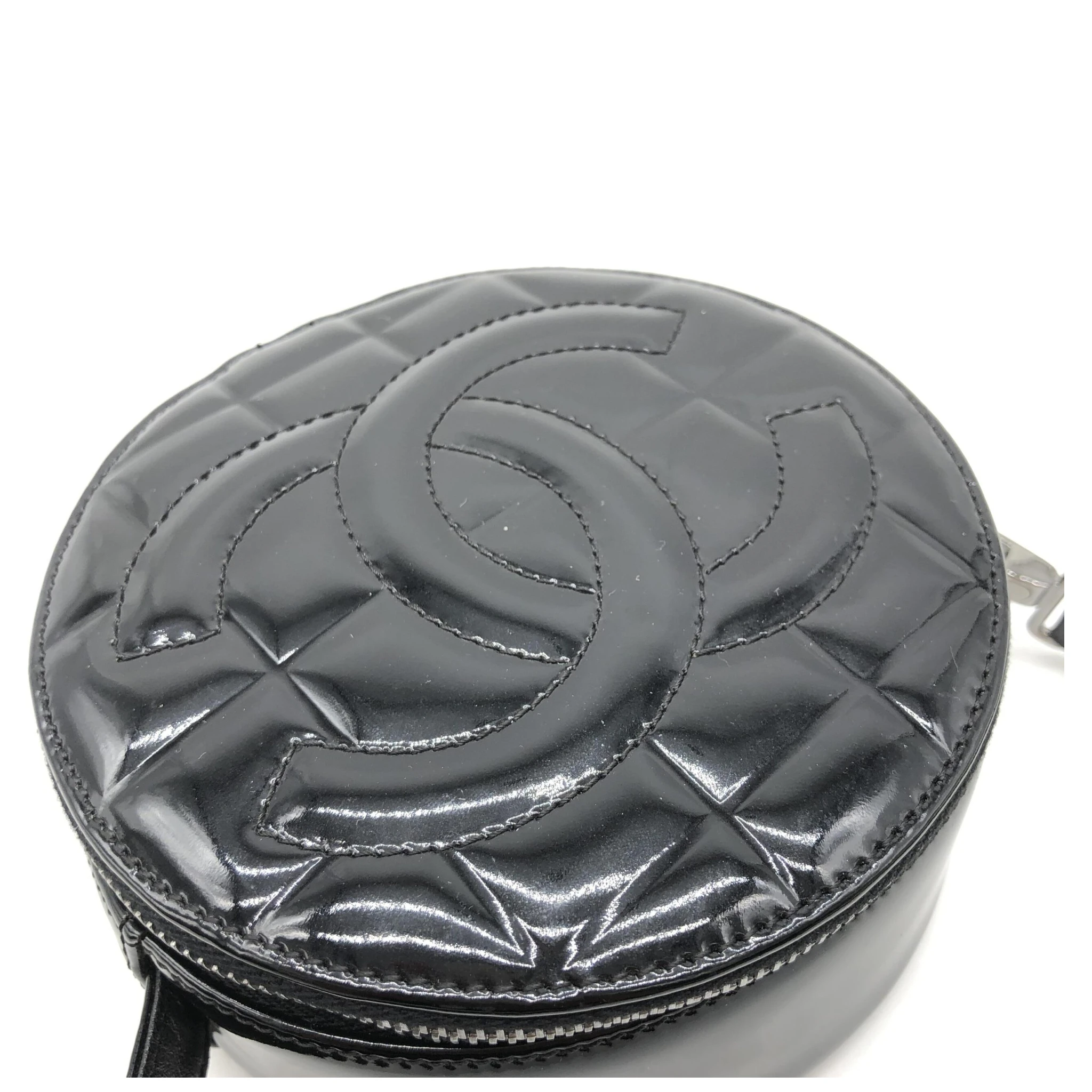 Black Patent Quilted CC Circle Mini Bag
