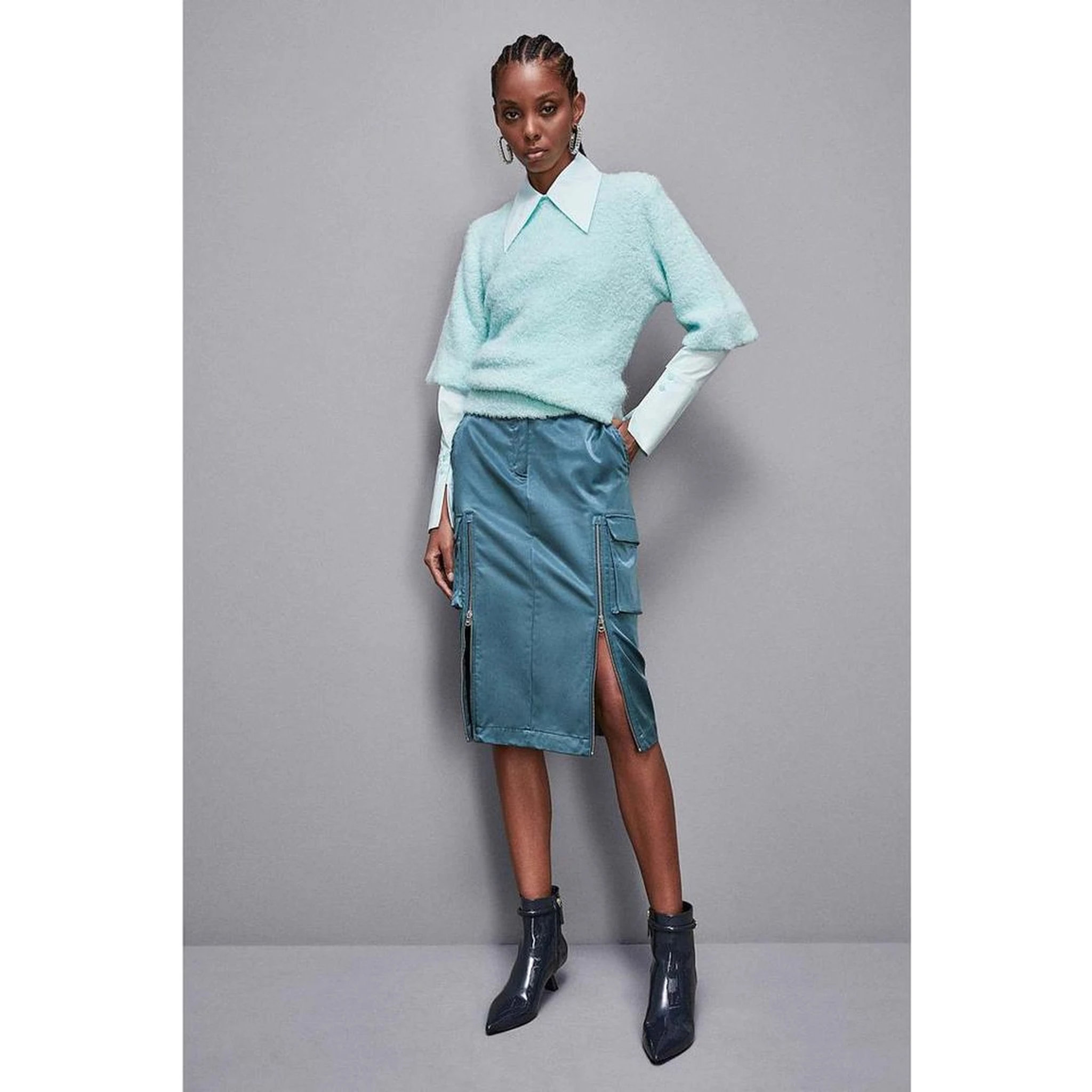 Green Polyester Midi Skirt