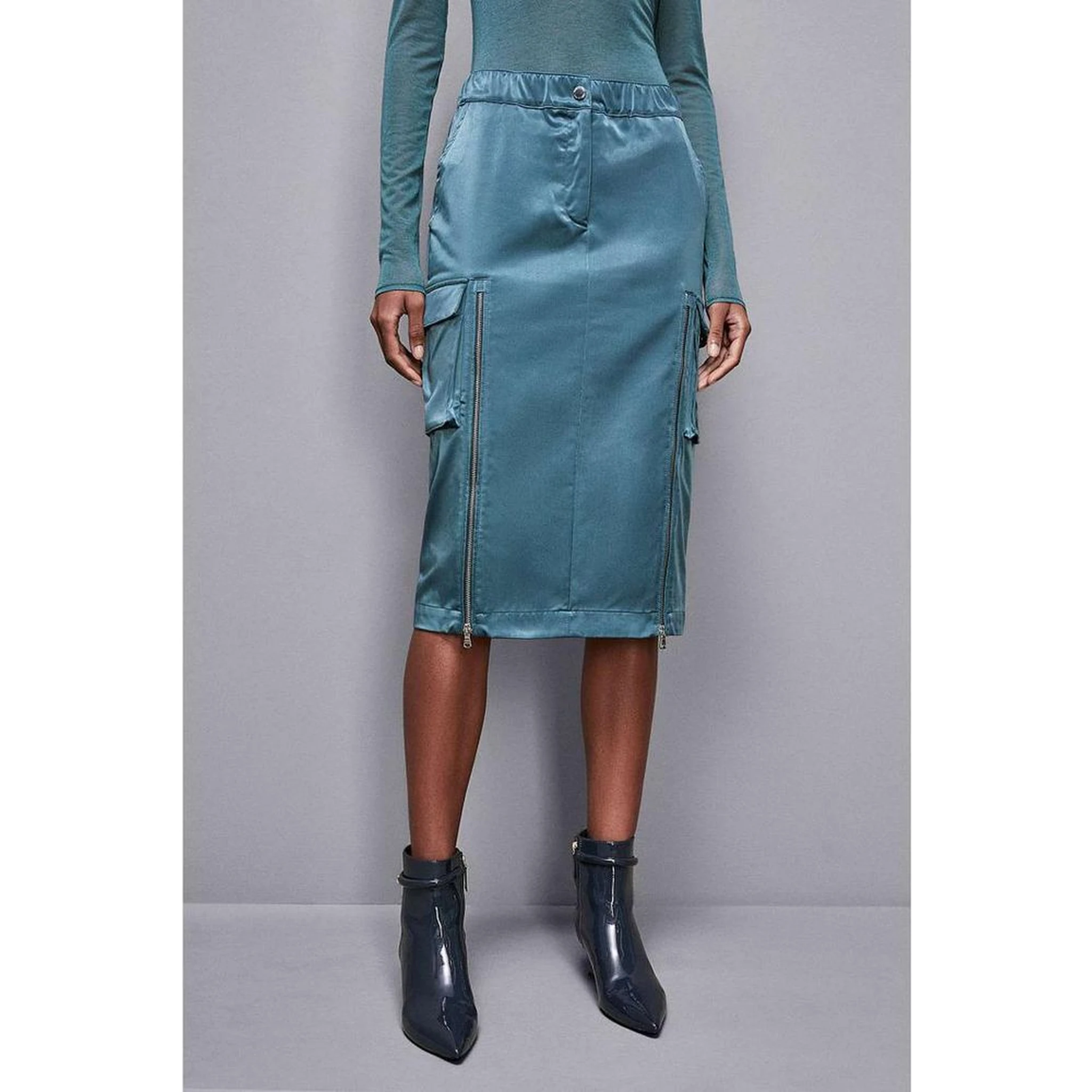 Green Polyester Midi Skirt