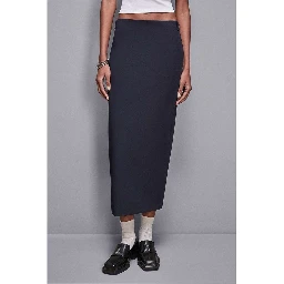 Navy Blue Polyester Midi Skirt