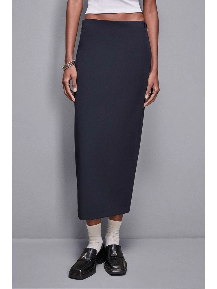 Navy Blue Polyester Midi Skirt
