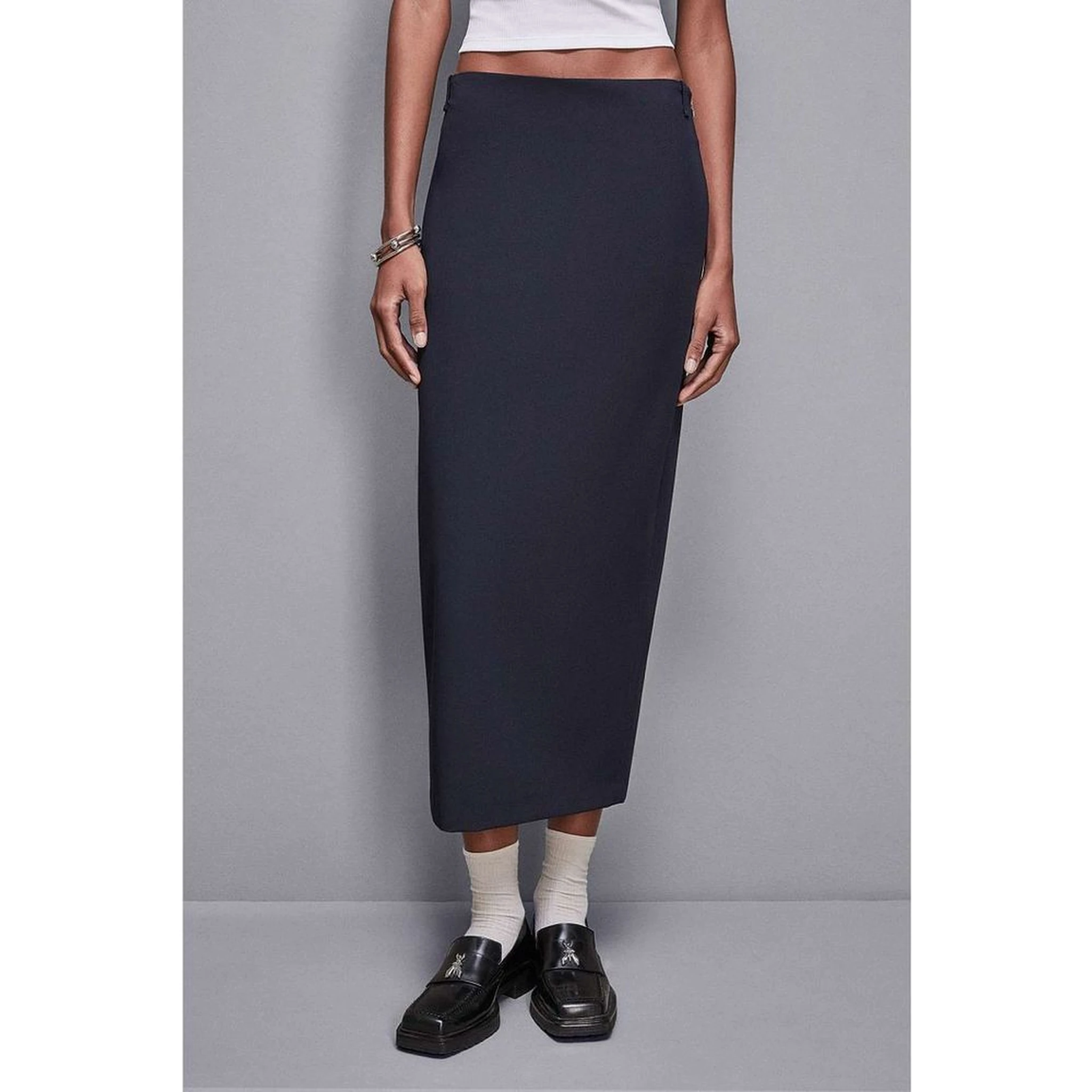 Navy Blue Polyester Midi Skirt