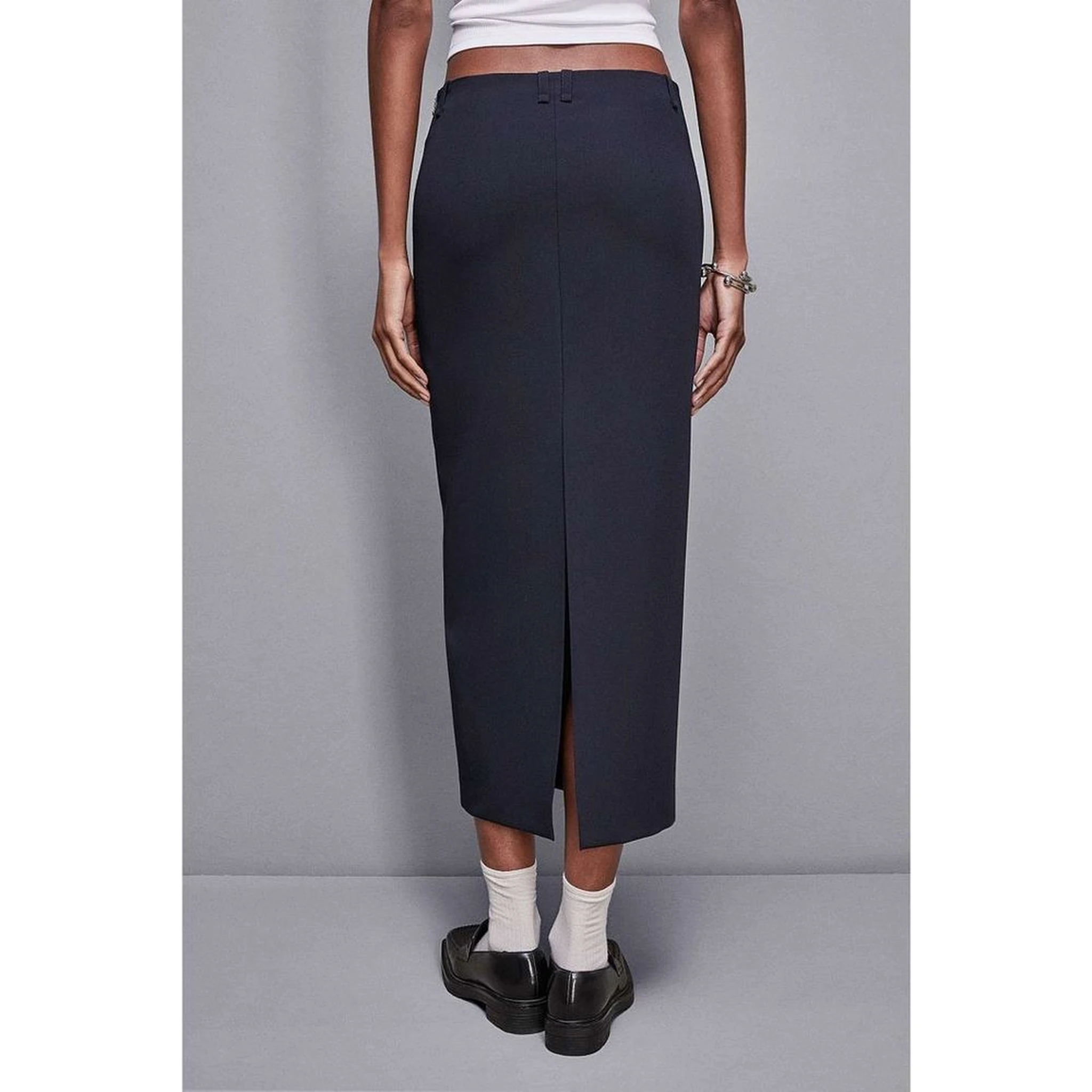 Navy Blue Polyester Midi Skirt