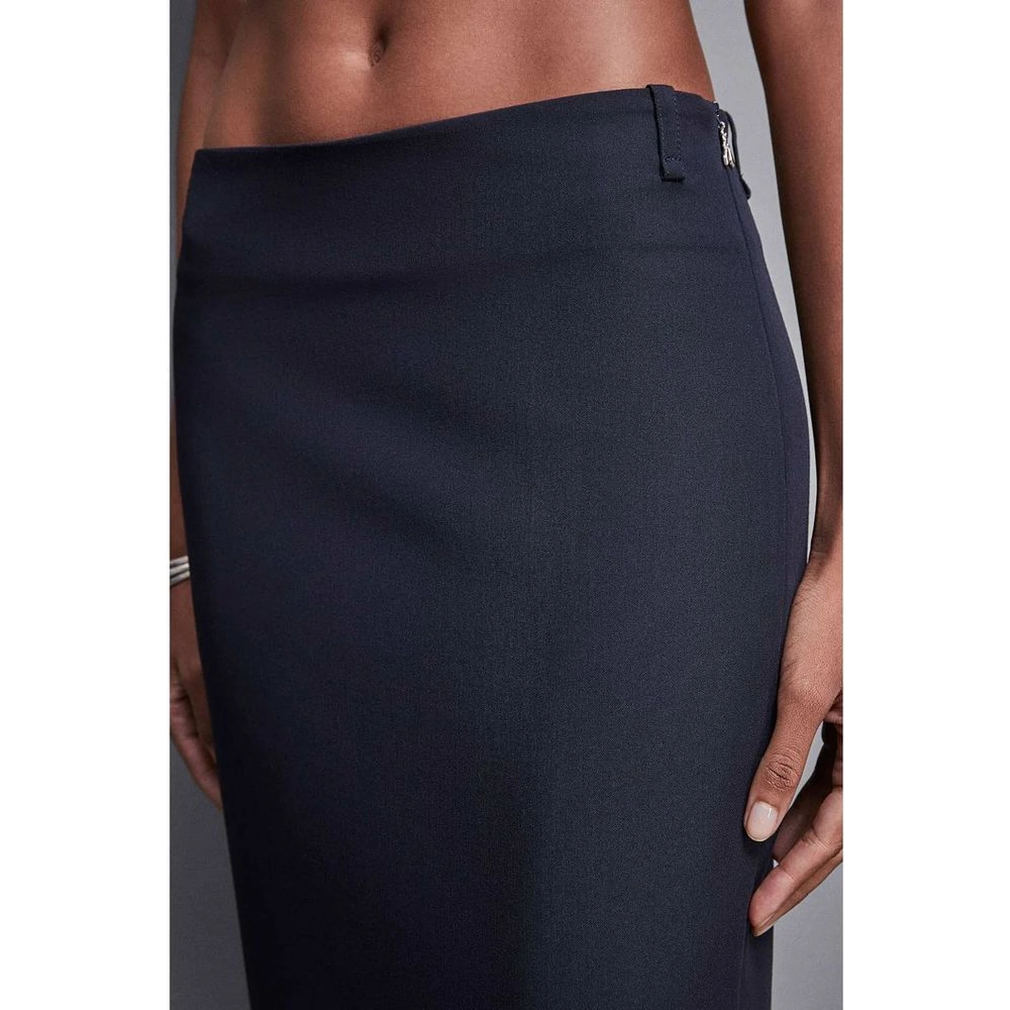 Navy Blue Polyester Midi Skirt