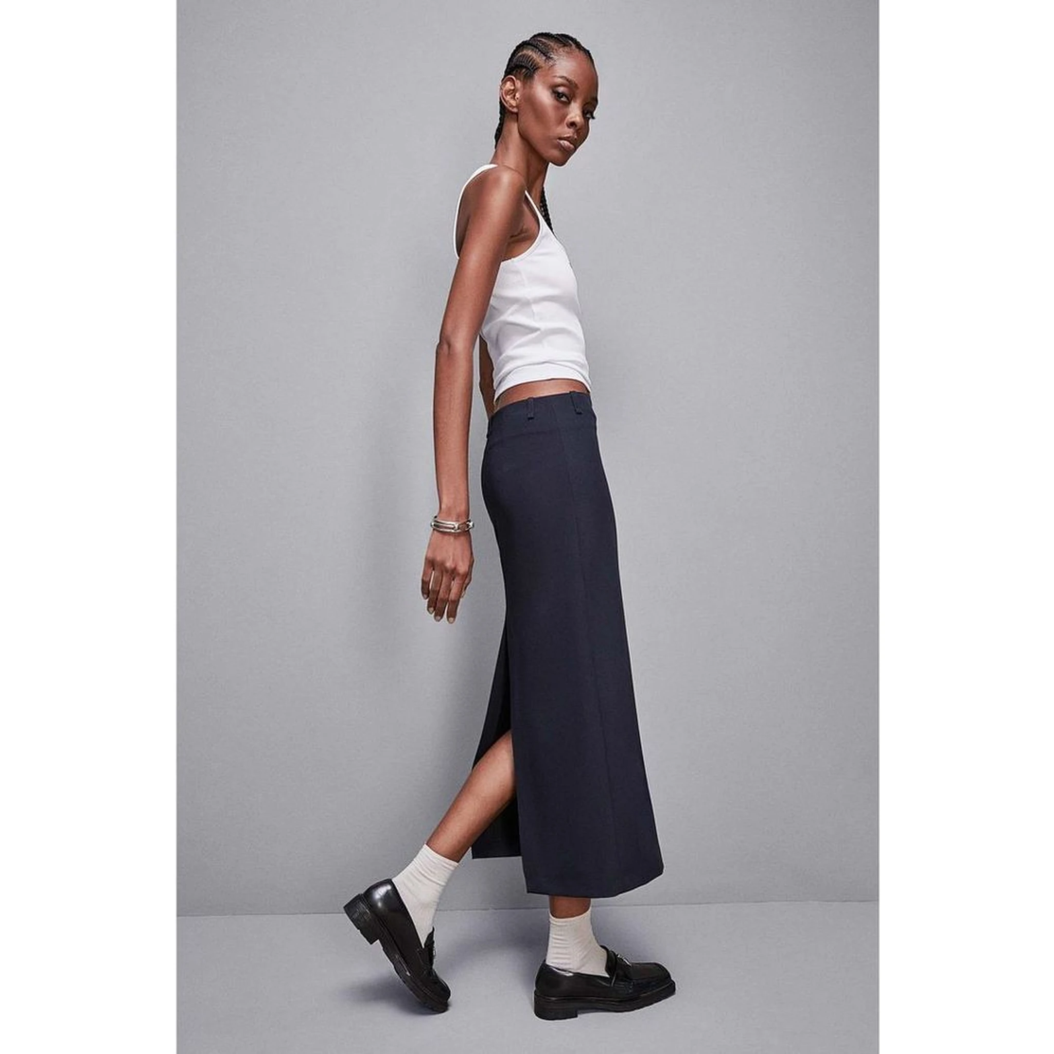 Navy Blue Polyester Midi Skirt