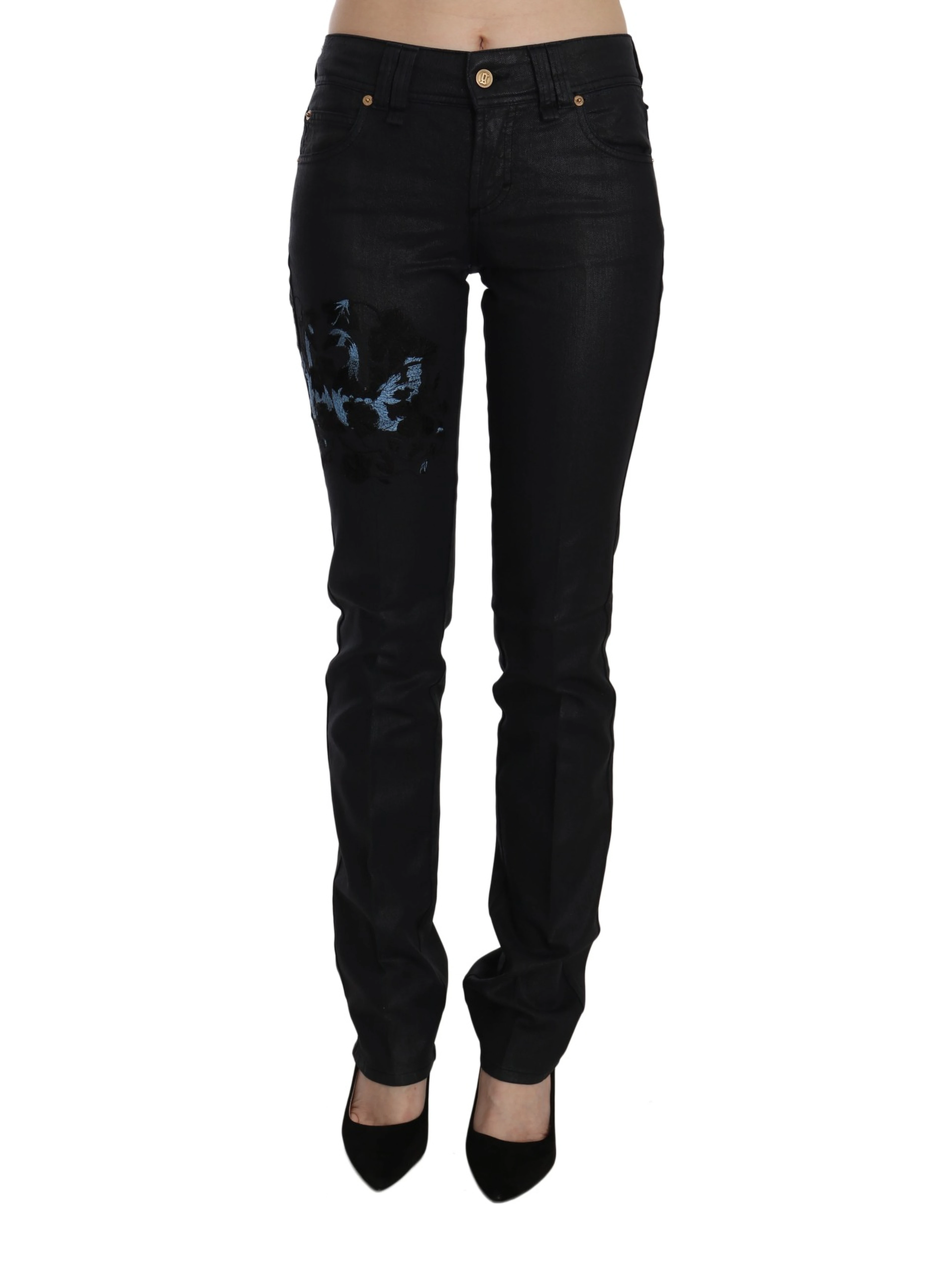 Black Swan Floral Embroidered Mid Waist Skinny Denim Jeans
