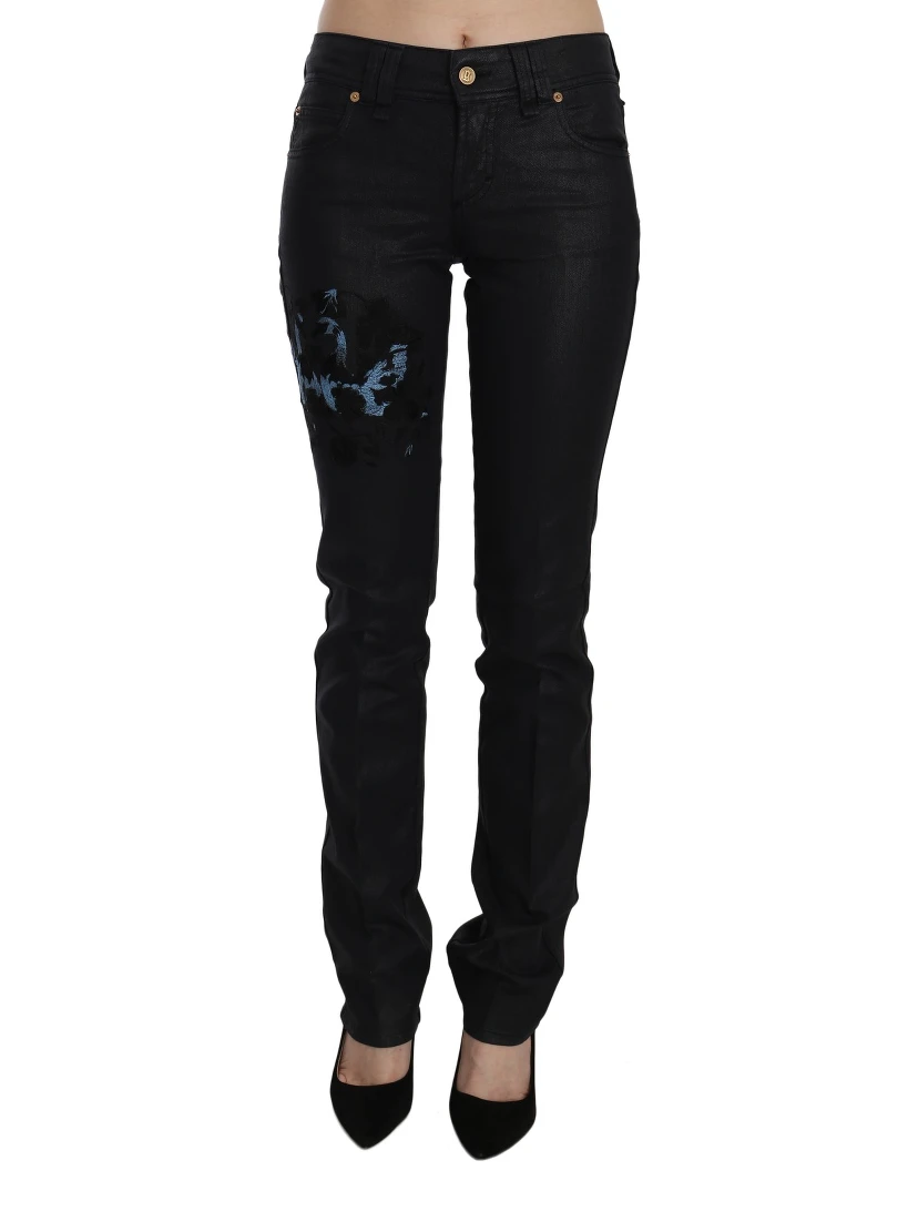 Black Swan Floral Embroidered Mid Waist Skinny Denim Jeans