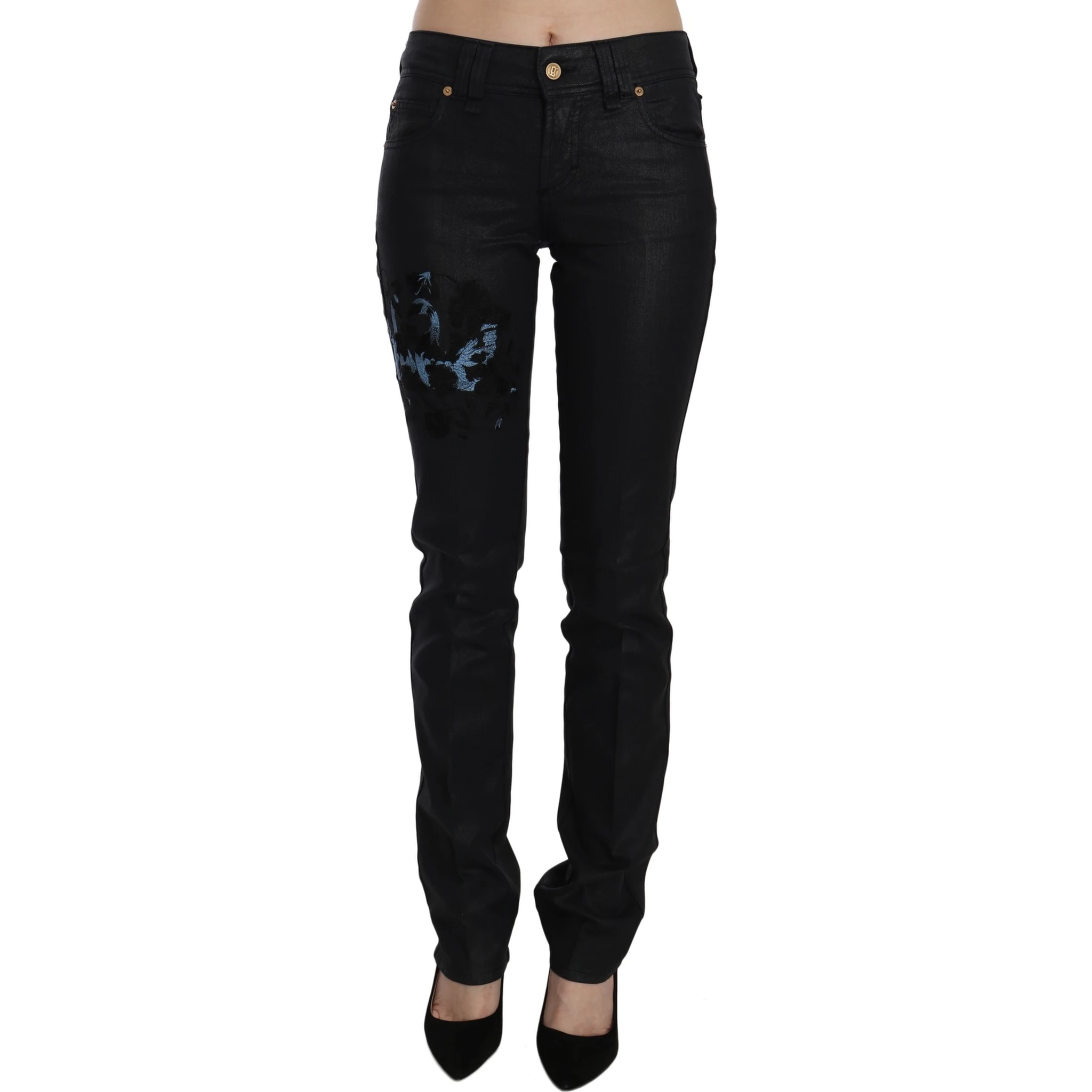 Black Swan Floral Embroidered Mid Waist Skinny Denim Jeans