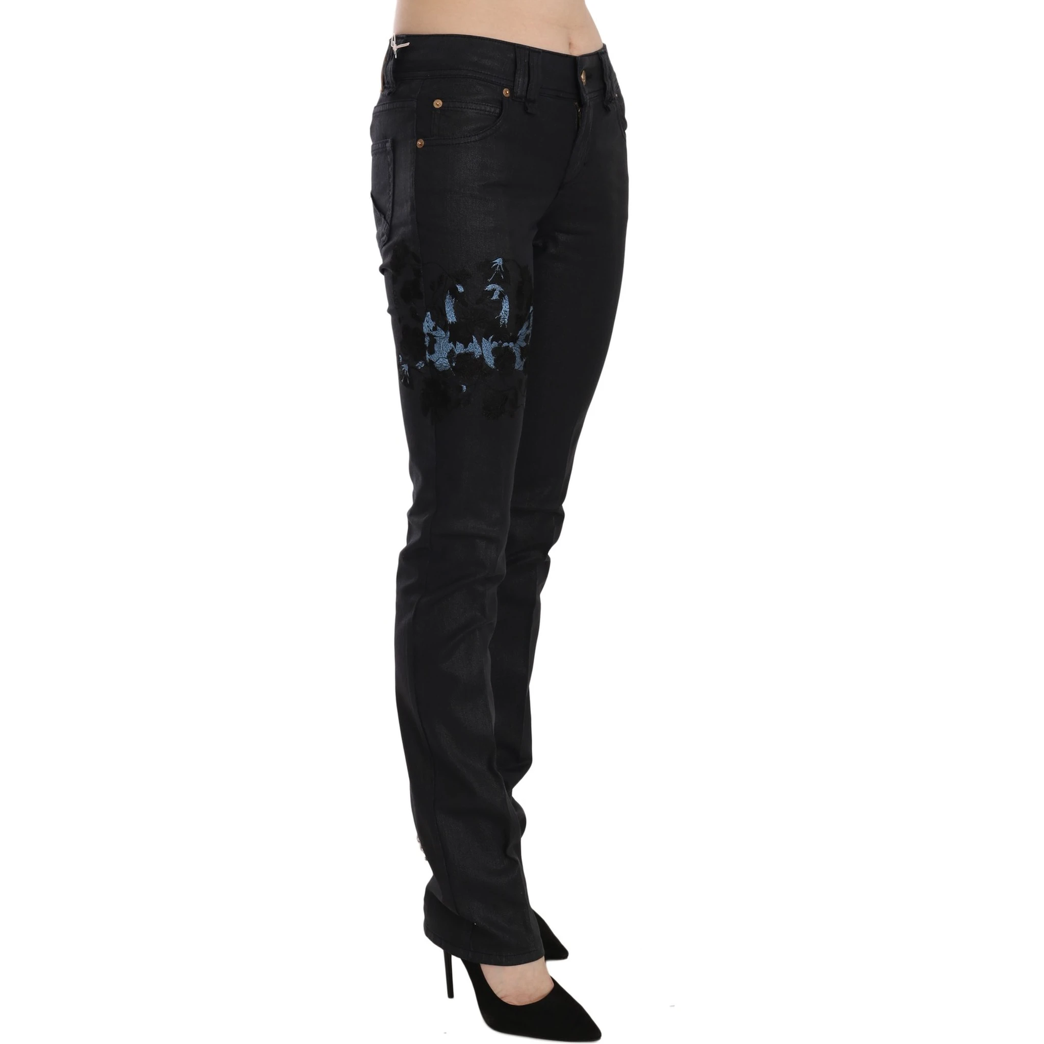 Black Swan Floral Embroidered Mid Waist Skinny Denim Jeans
