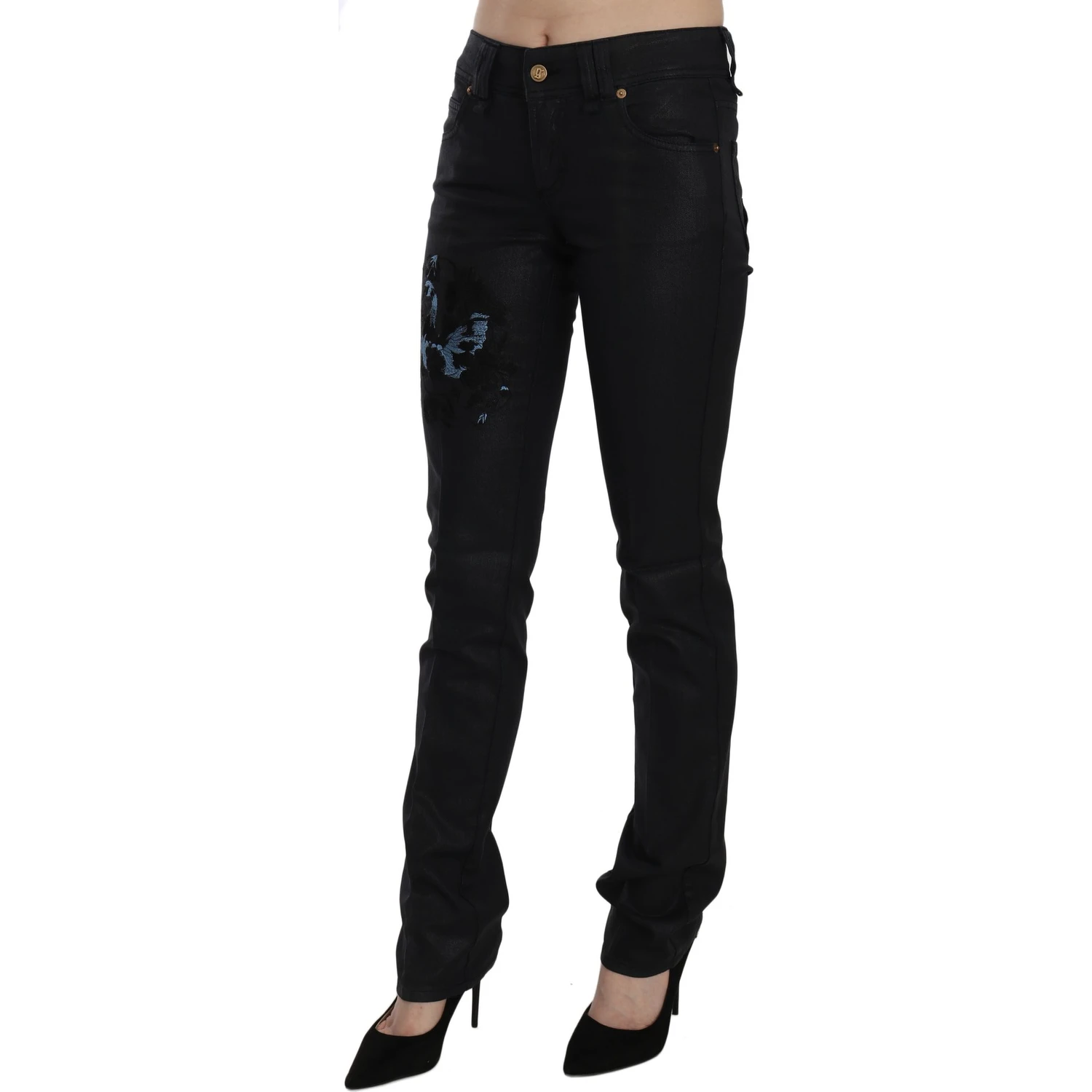Black Swan Floral Embroidered Mid Waist Skinny Denim Jeans