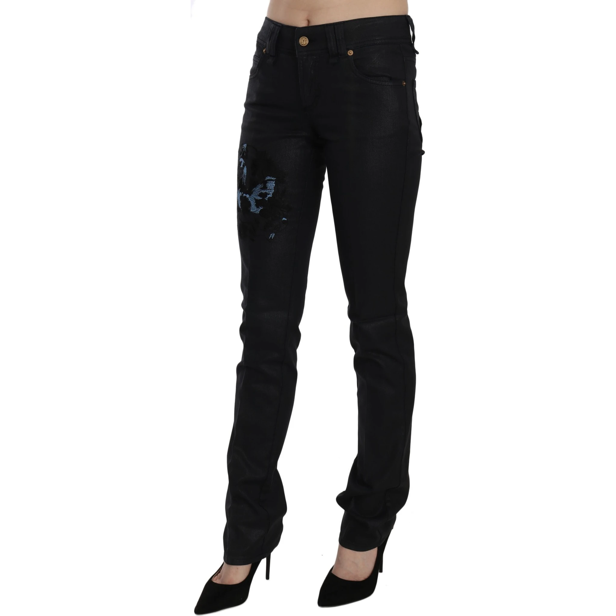 Black Swan Floral Embroidered Mid Waist Skinny Denim Jeans