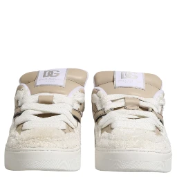 White Beige Faux Shearling Low Top Sneakers Shoes