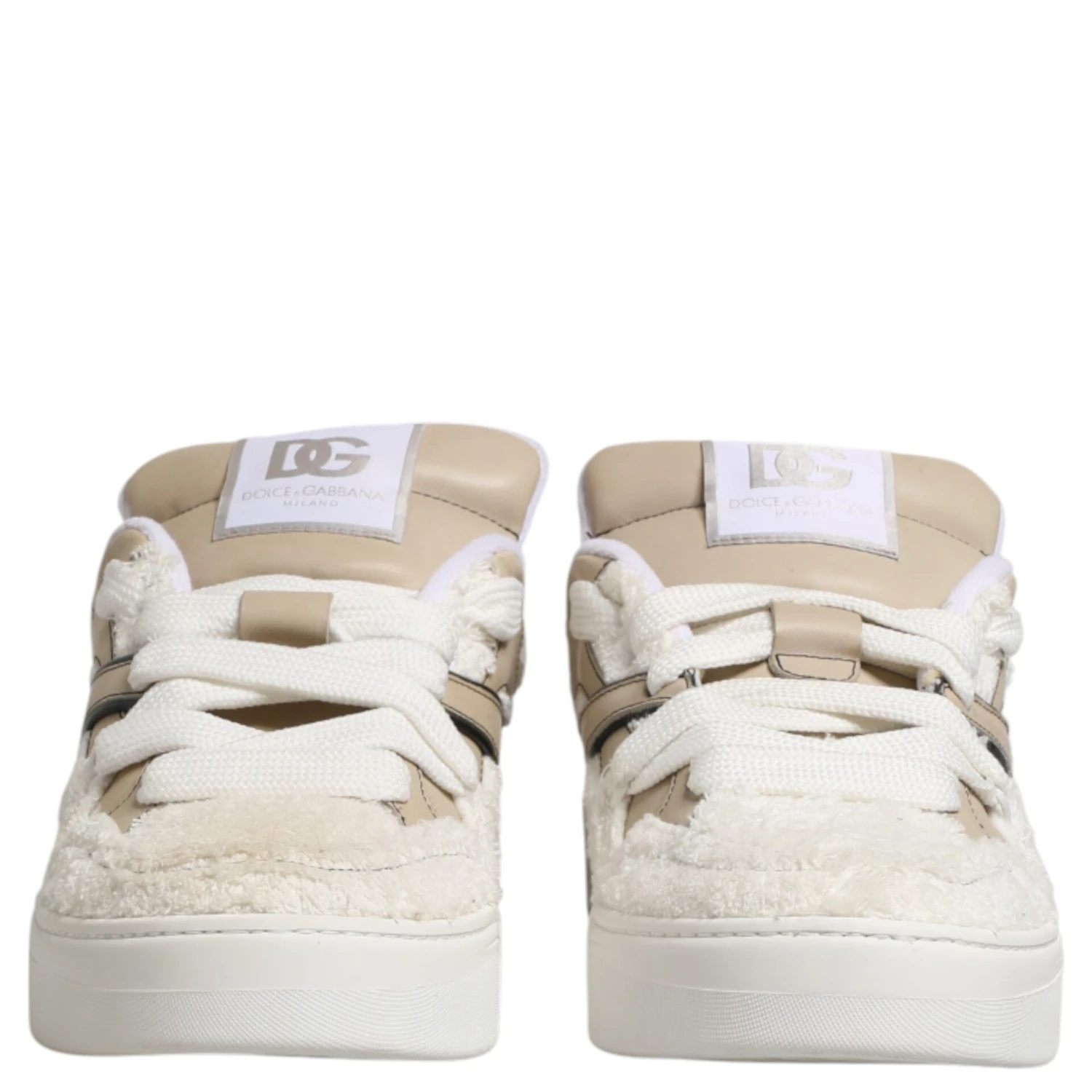 White Beige Faux Shearling Low Top Sneakers Shoes