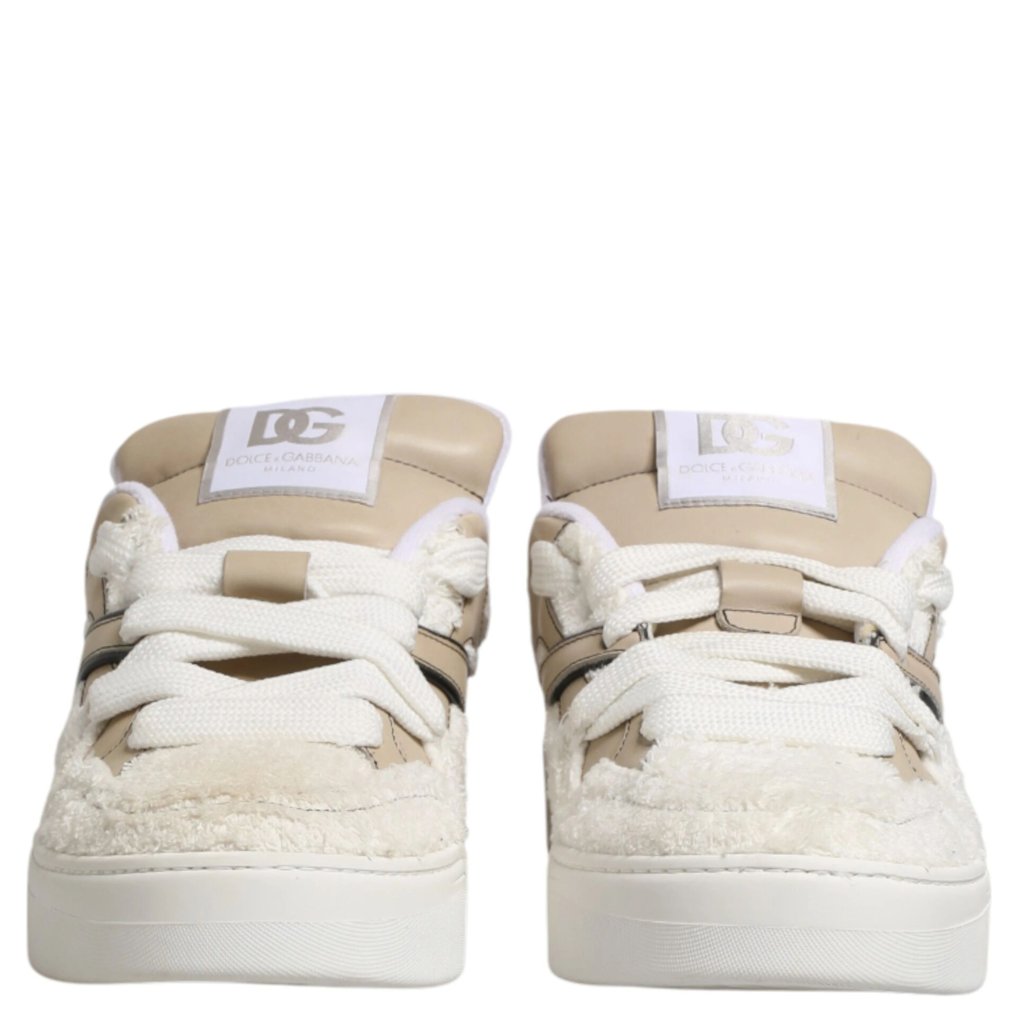 White Beige Faux Shearling Low Top Sneakers Shoes