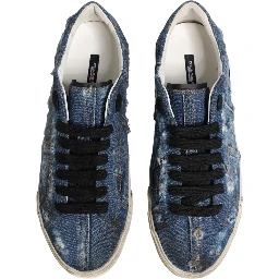 Blue Distressed Denim Low Top Sneakers Shoes