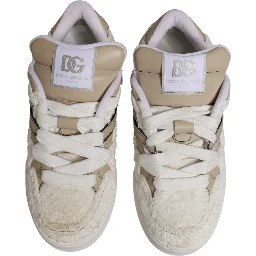 White Beige Faux Shearling Low Top Sneakers Shoes