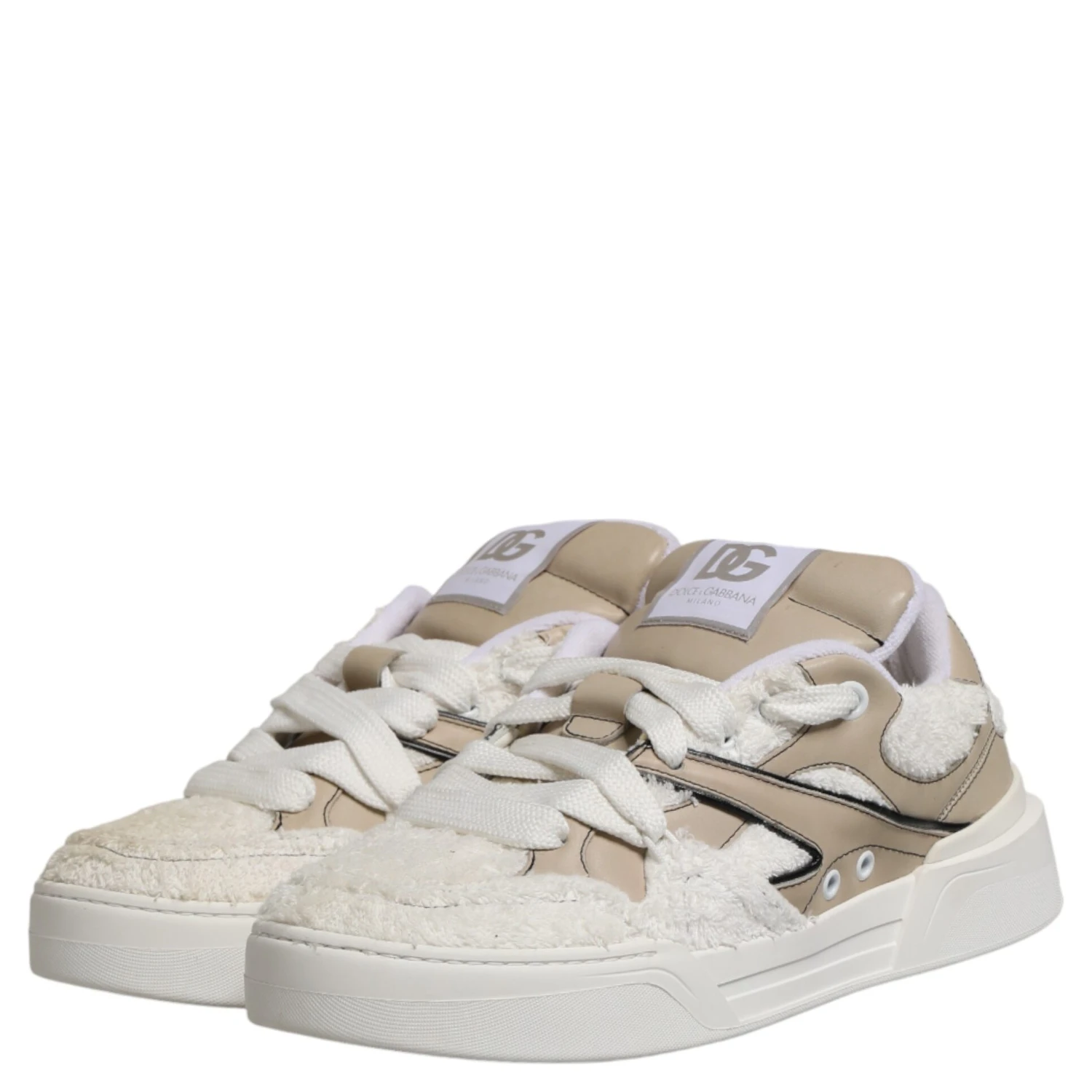 White Beige Faux Shearling Low Top Sneakers Shoes