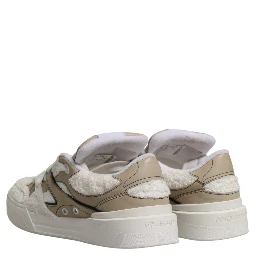 White Beige Faux Shearling Low Top Sneakers Shoes