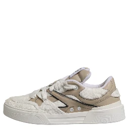 White Beige Faux Shearling Low Top Sneakers Shoes