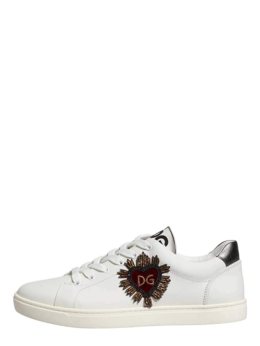 White Leather Sacred Heart Patch Sneakers Shoes