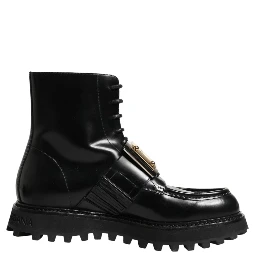Black Leather DG Plaque Lace Up Boots Shoes