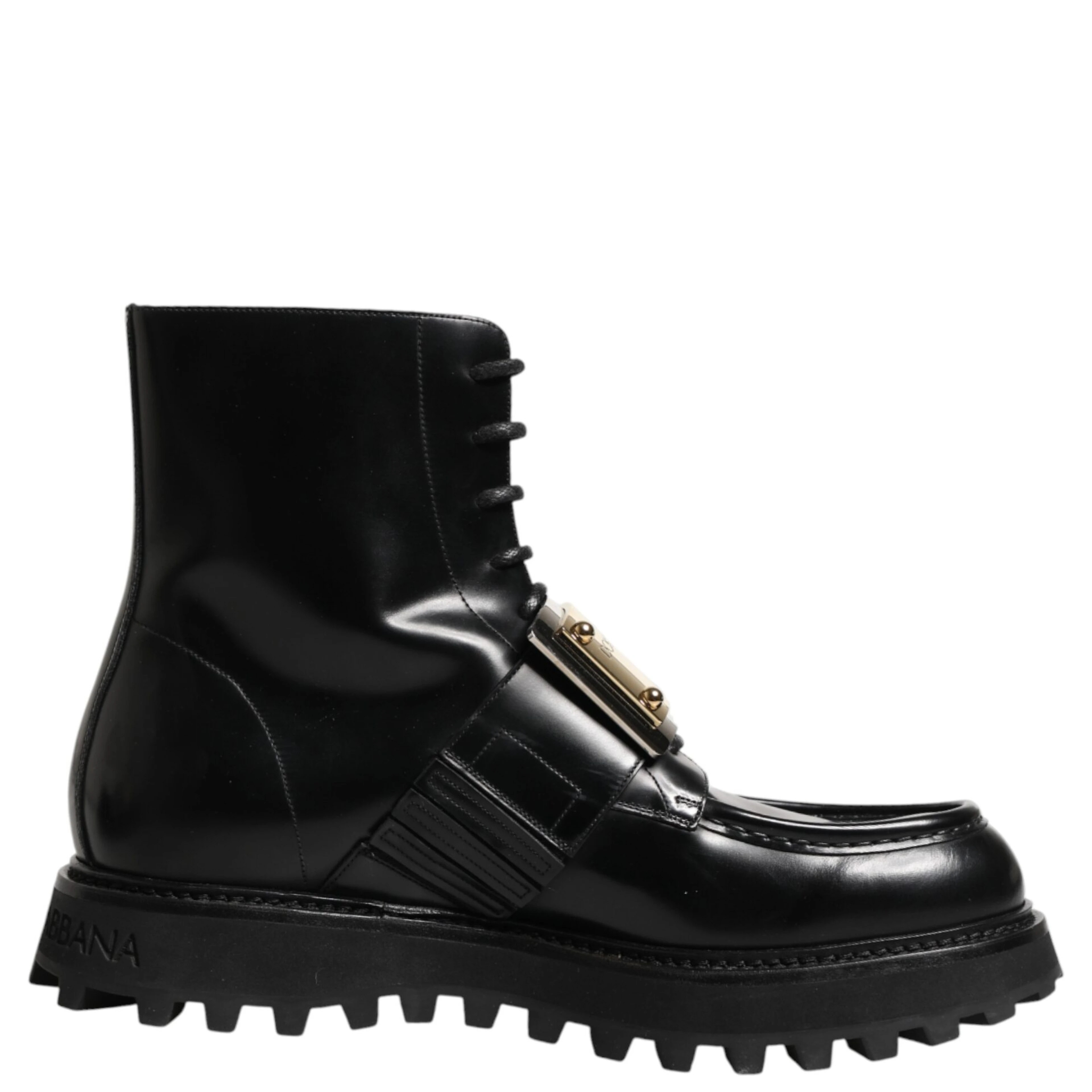 Black Leather DG Plaque Lace Up Boots Shoes