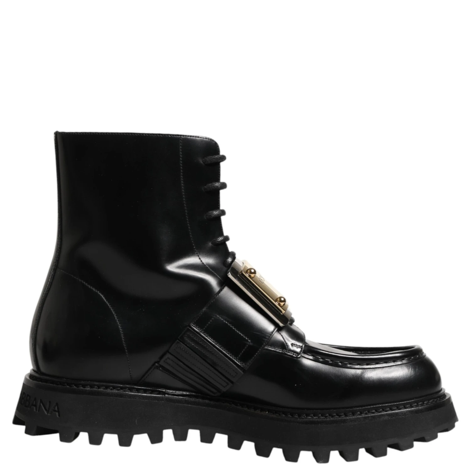 Black Leather DG Plaque Lace Up Boots Shoes