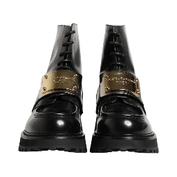 Black Leather DG Plaque Lace Up Boots Shoes