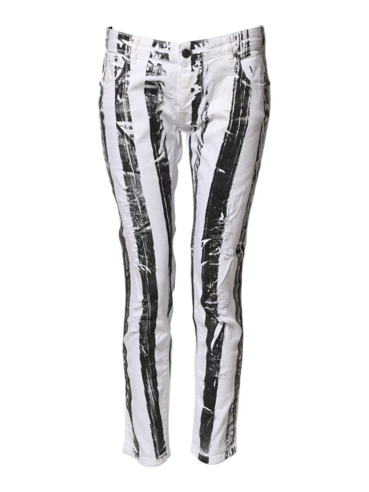 Black White Stripes Mid Waist Cropped Capri Jeans