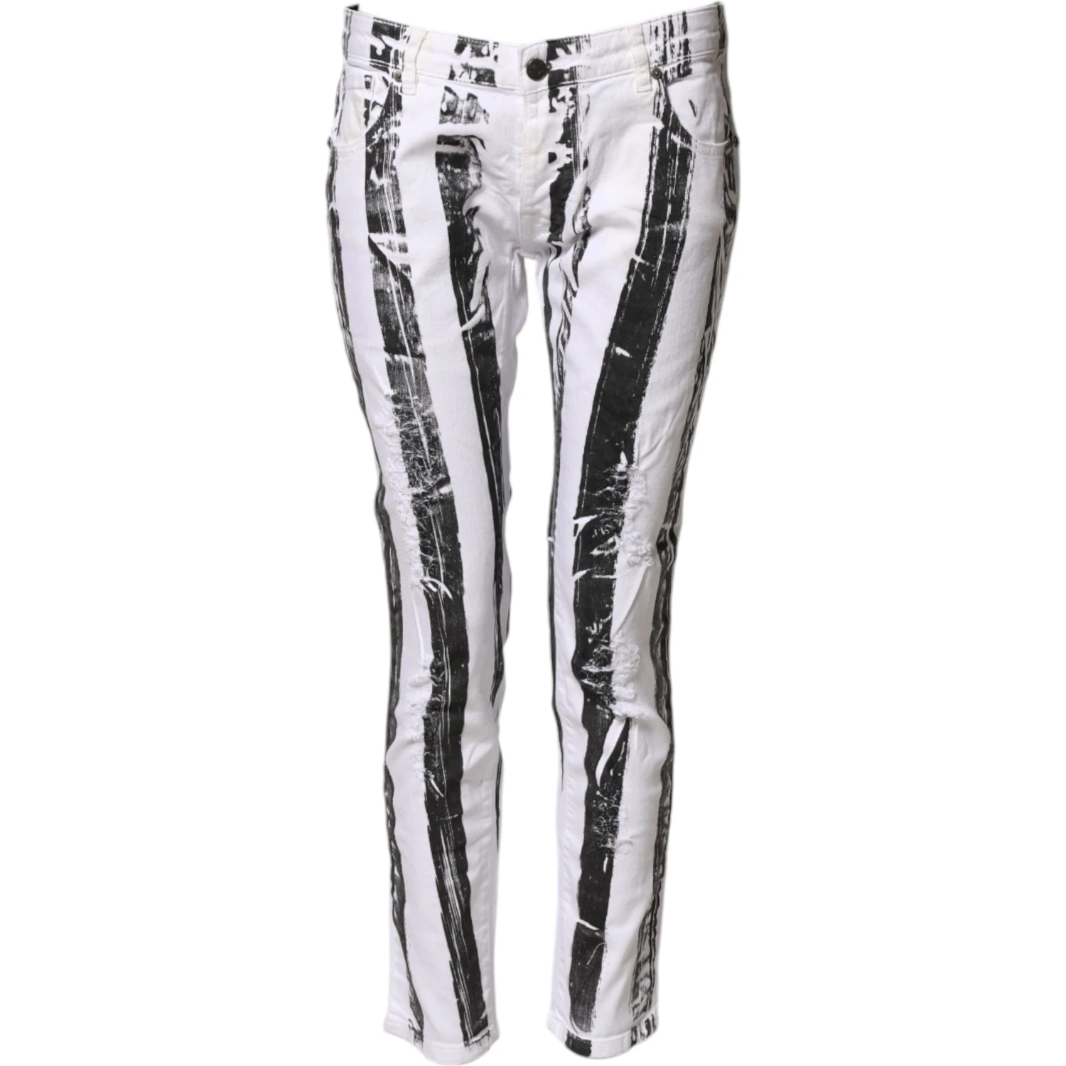 Black White Stripes Mid Waist Cropped Capri Jeans