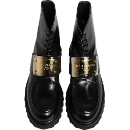 Black Leather DG Plaque Lace Up Boots Shoes