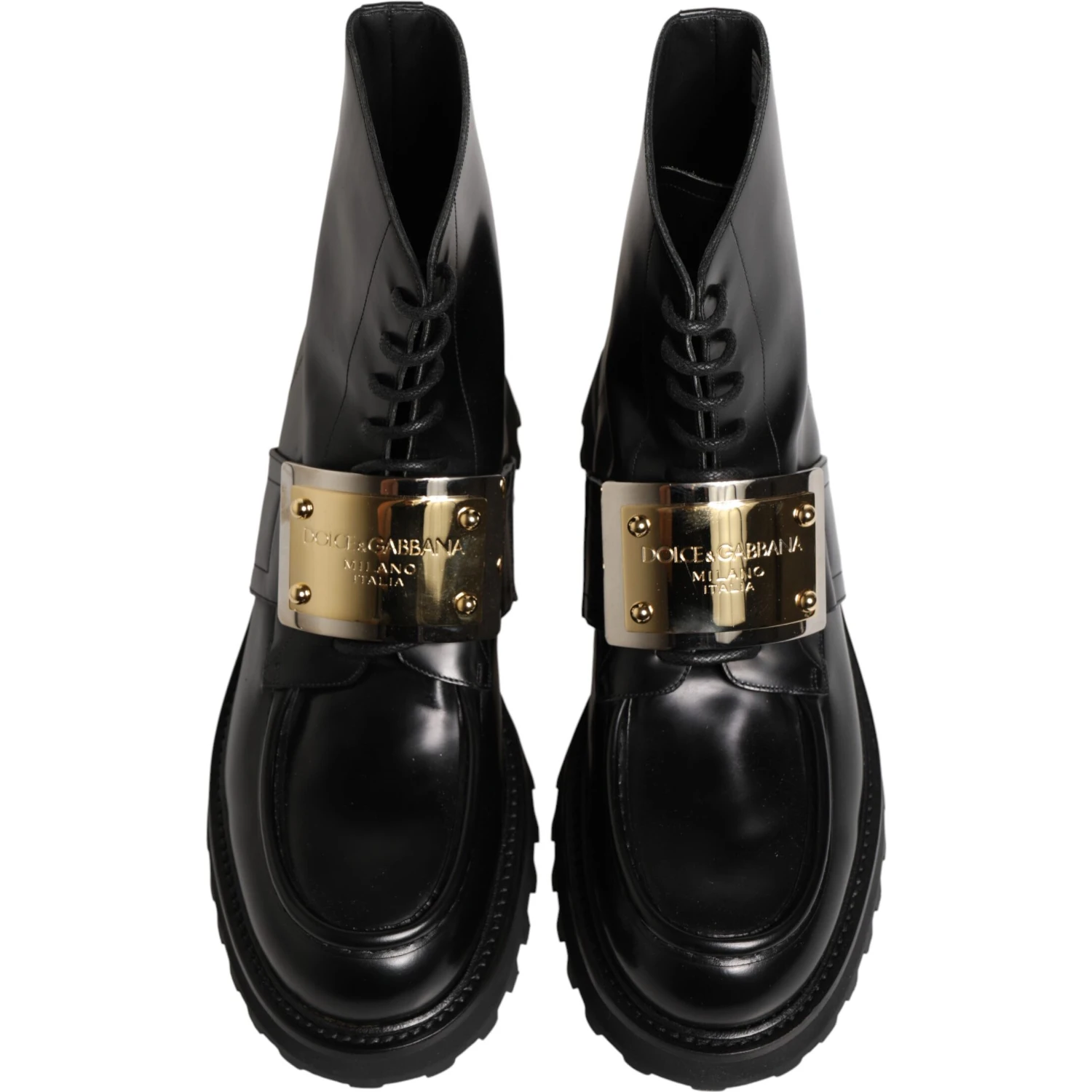 Black Leather DG Plaque Lace Up Boots Shoes