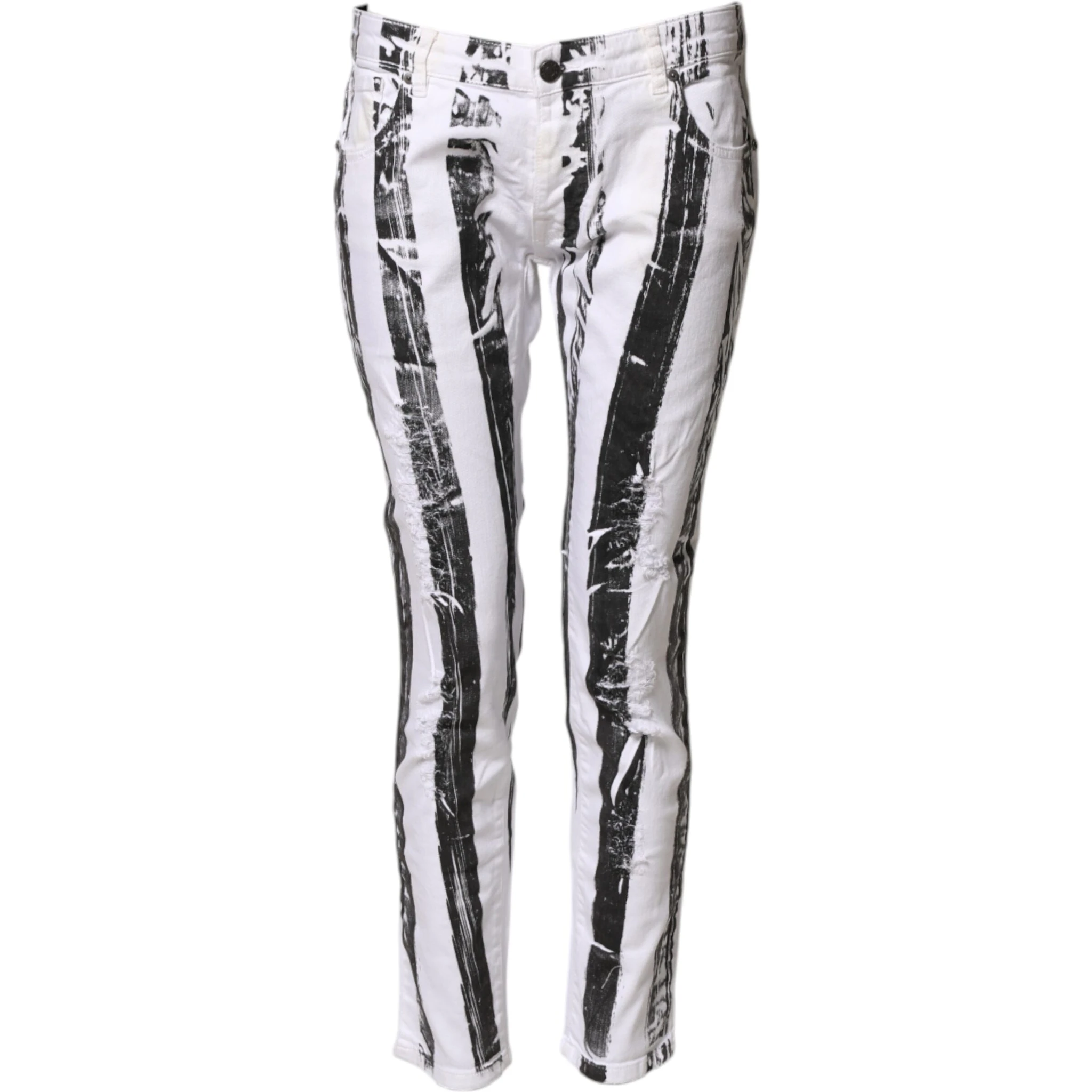 Black White Stripes Mid Waist Cropped Capri Jeans