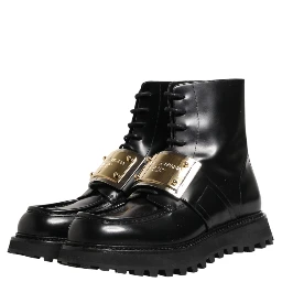 Black Leather DG Plaque Lace Up Boots Shoes