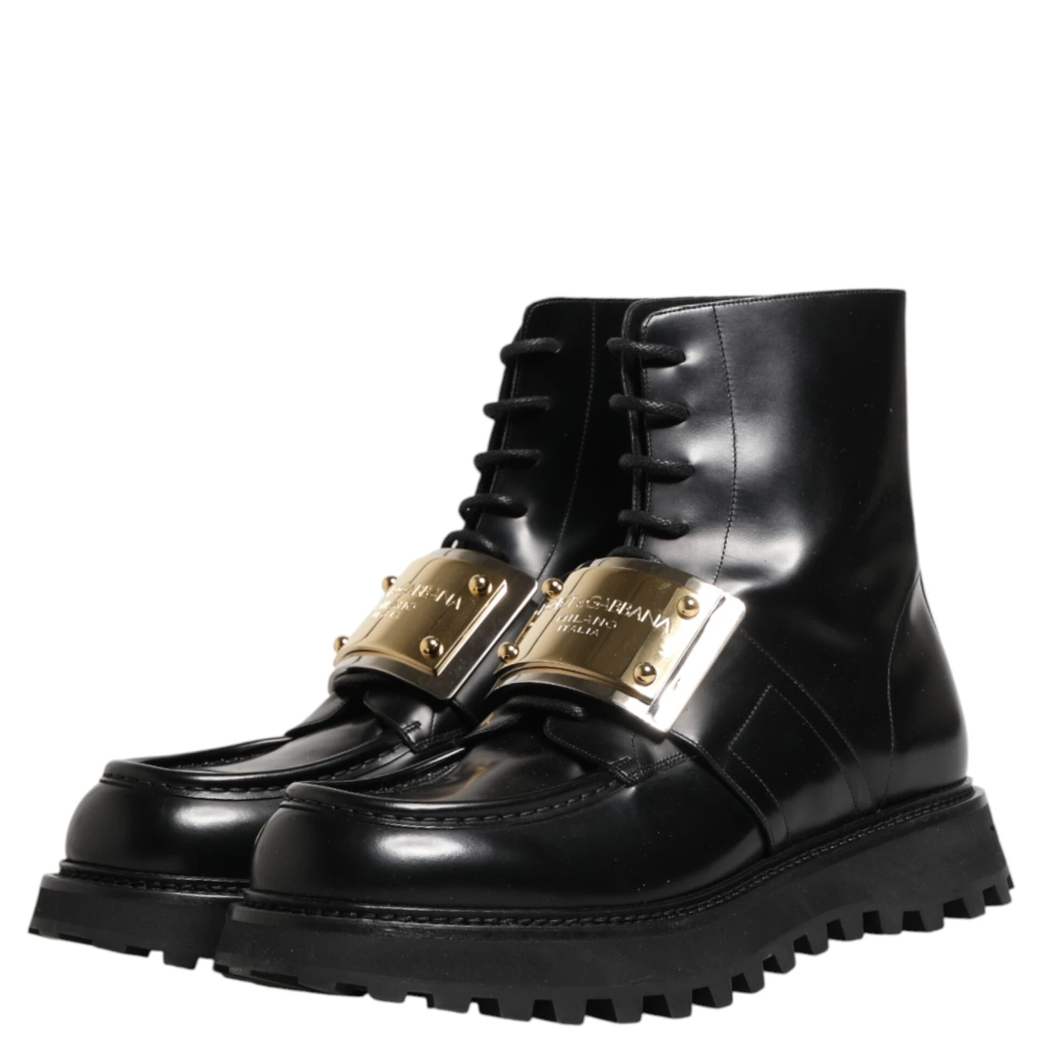 Black Leather DG Plaque Lace Up Boots Shoes