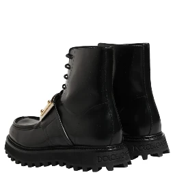 Black Leather DG Plaque Lace Up Boots Shoes