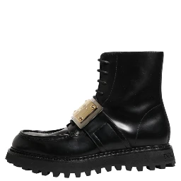 Black Leather DG Plaque Lace Up Boots Shoes