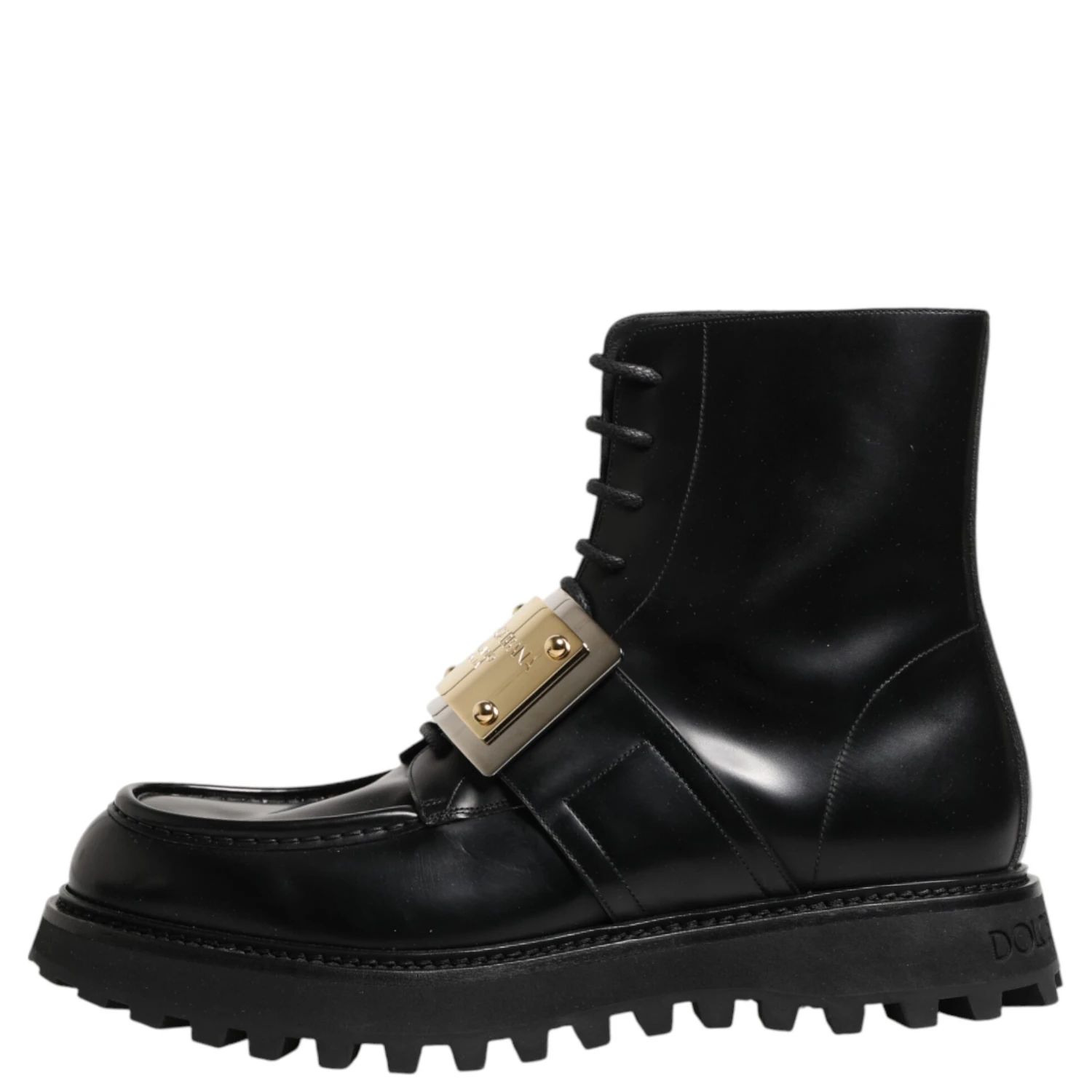 Black Leather DG Plaque Lace Up Boots Shoes