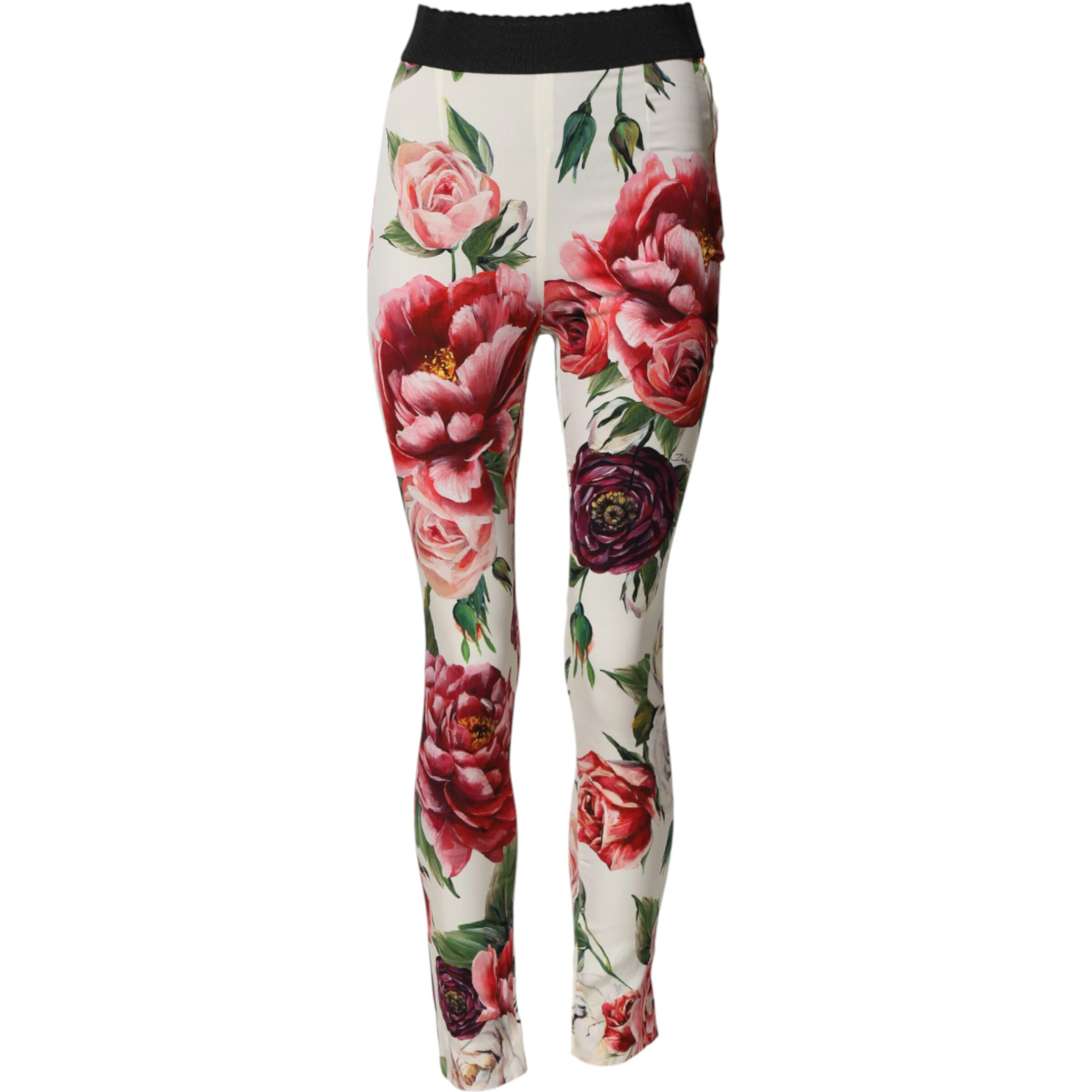 White Floral Leggings Stretch Waist Pants
