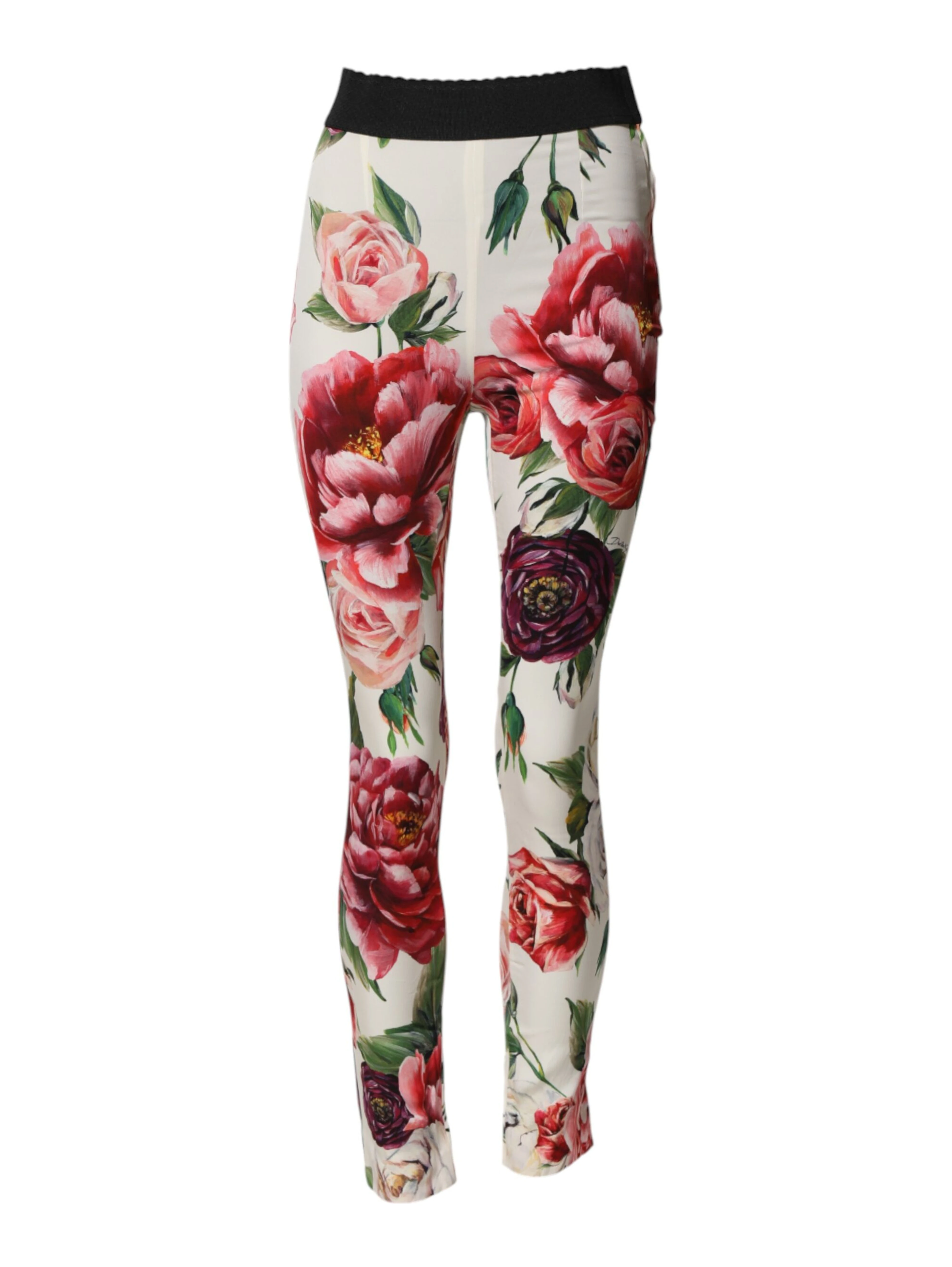 White Floral Leggings Stretch Waist Pants