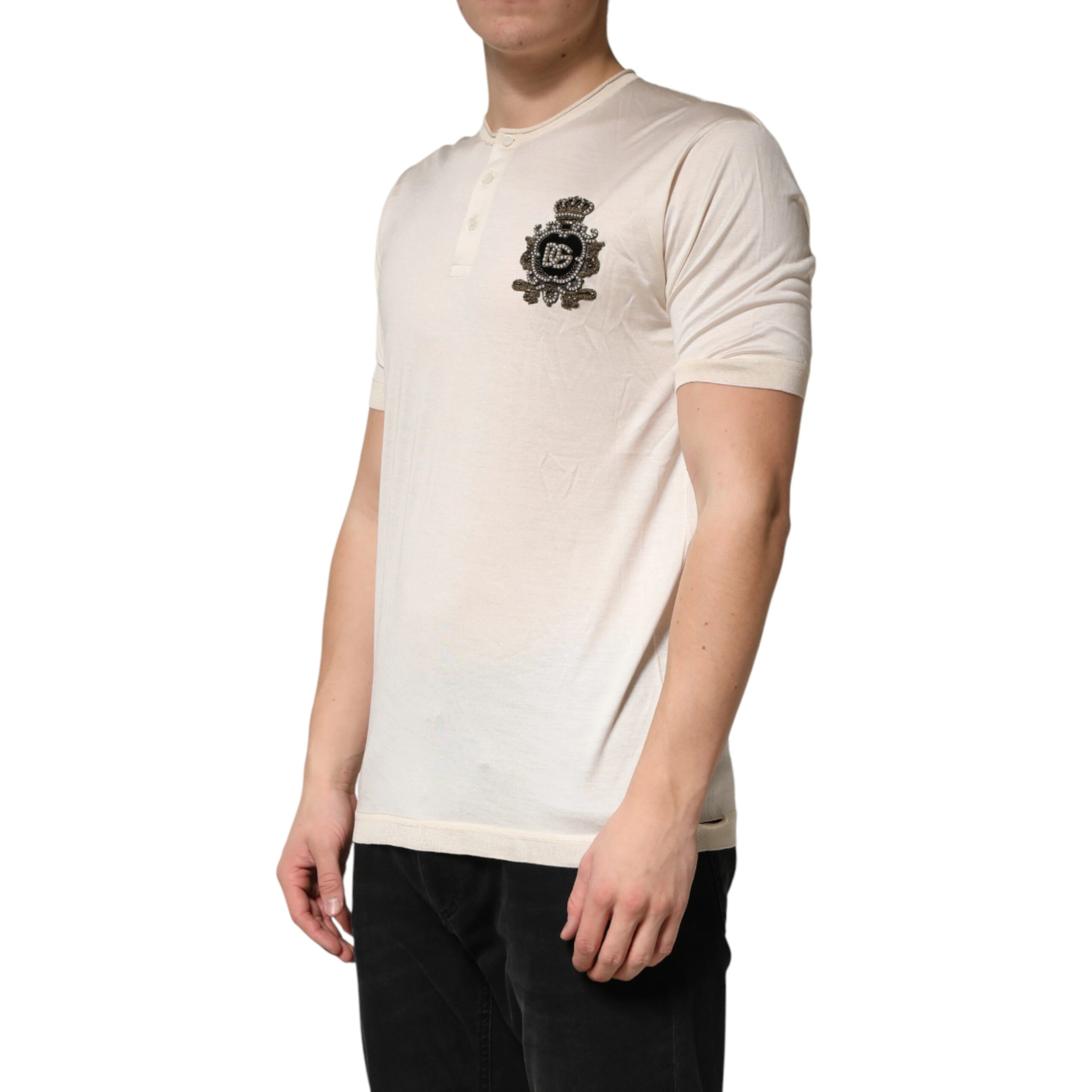 Off White Silk Logo Patch Men Henley T-shirt