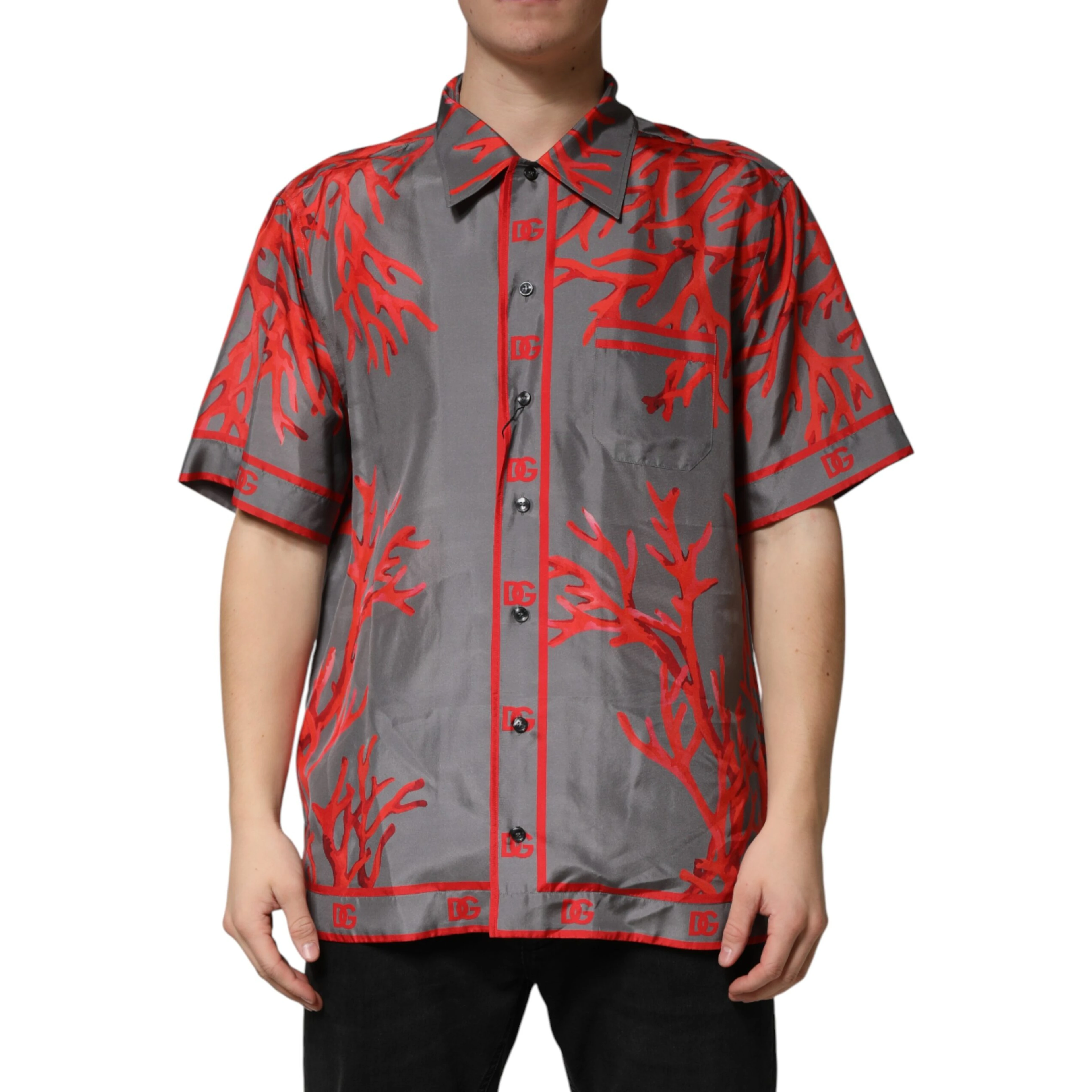 Gray Red Corals Short Sleeves Casual Shirt