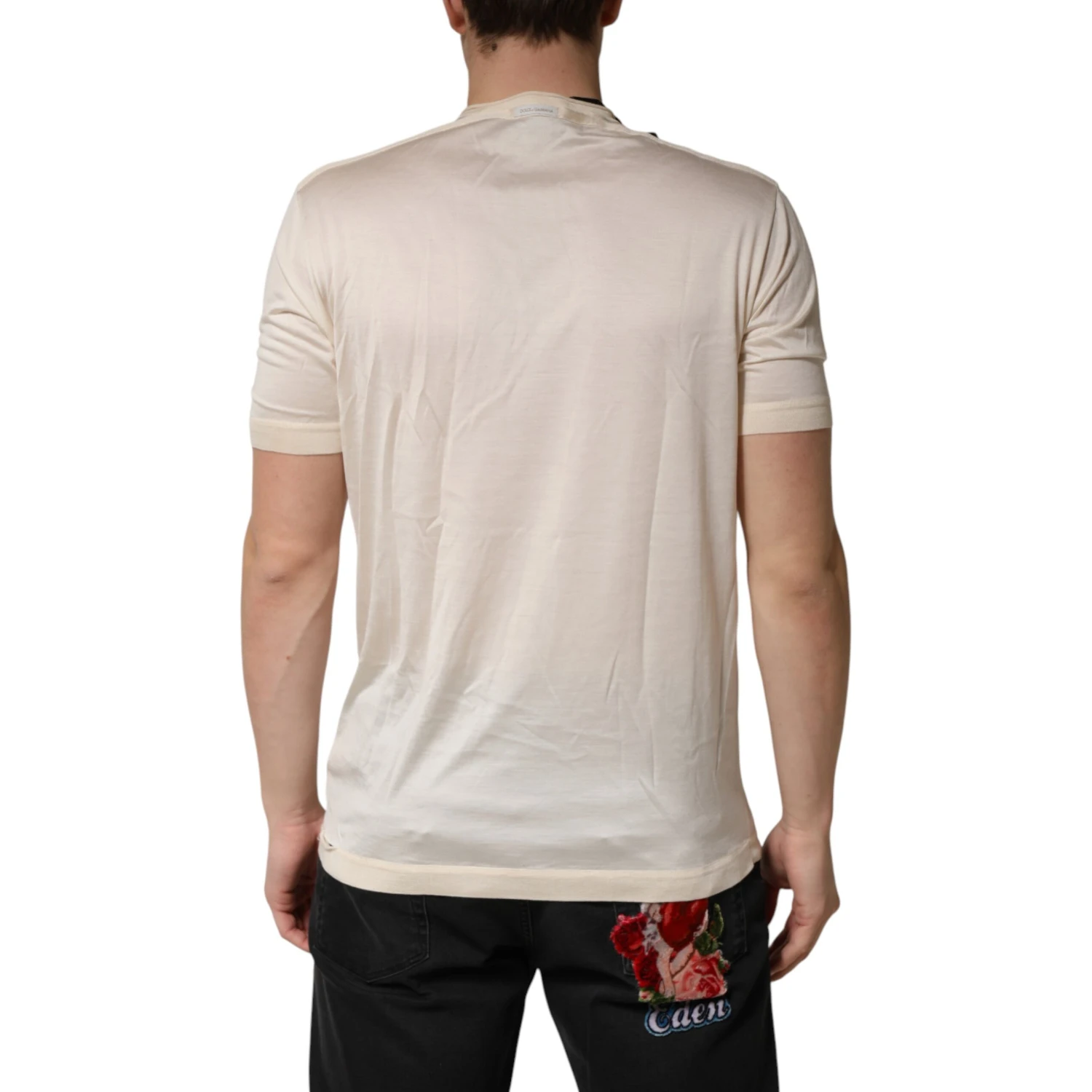 Off White Silk Logo Patch Men Henley T-shirt