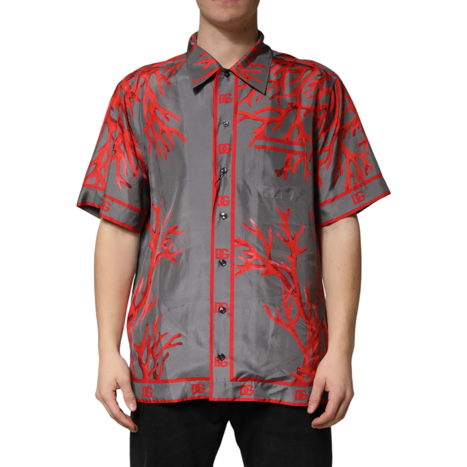 Gray Red Corals Short Sleeves Casual Shirt