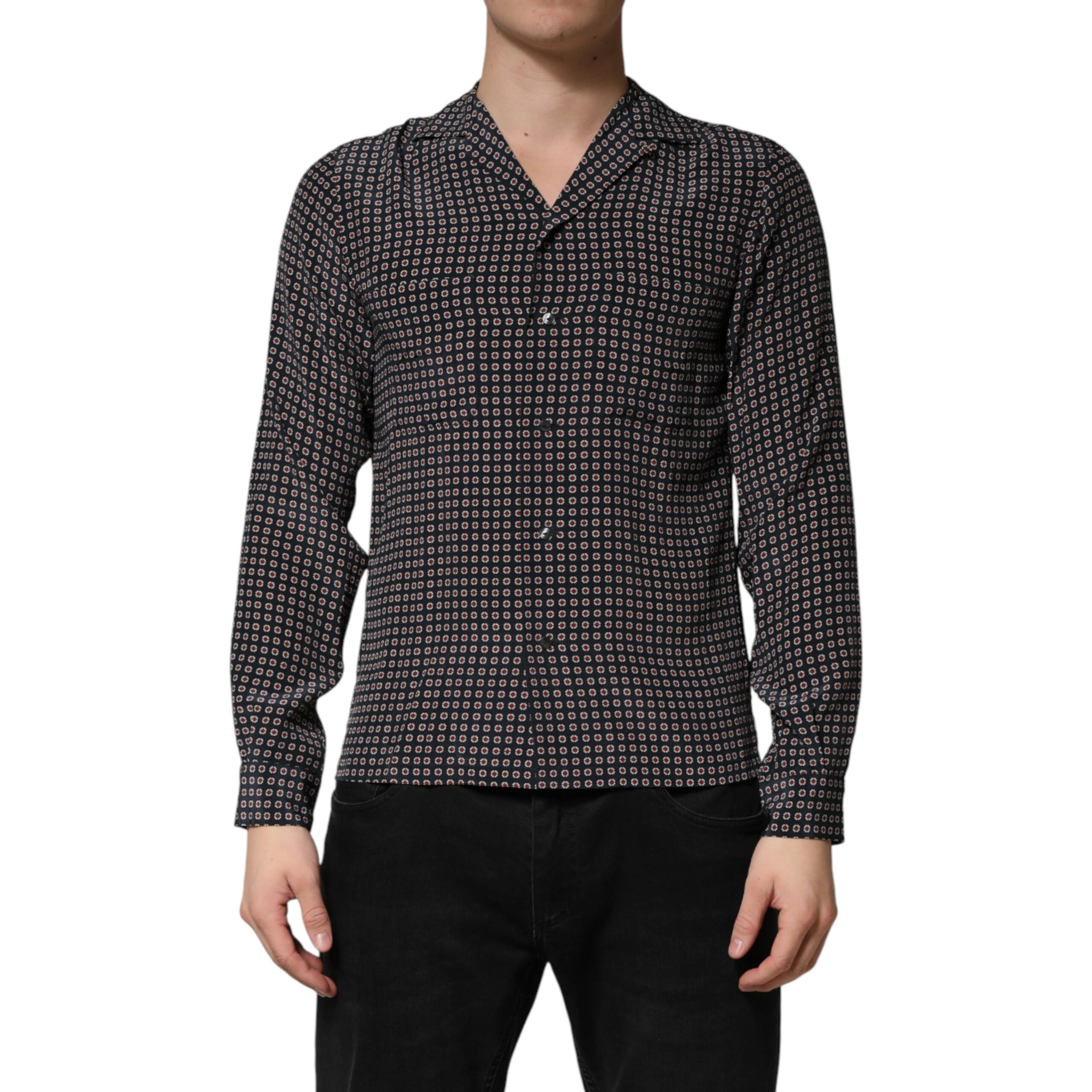 Black Patterned Silk Men Button Down Shirt