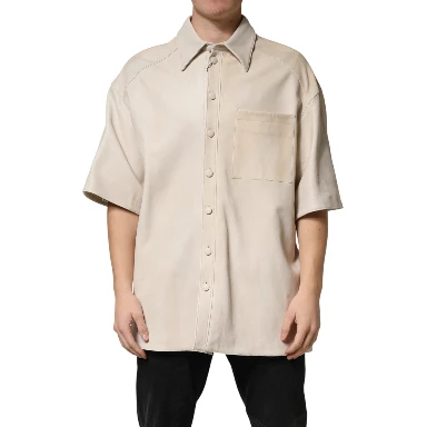 Beige Leather Button Down Men Casual Shirt