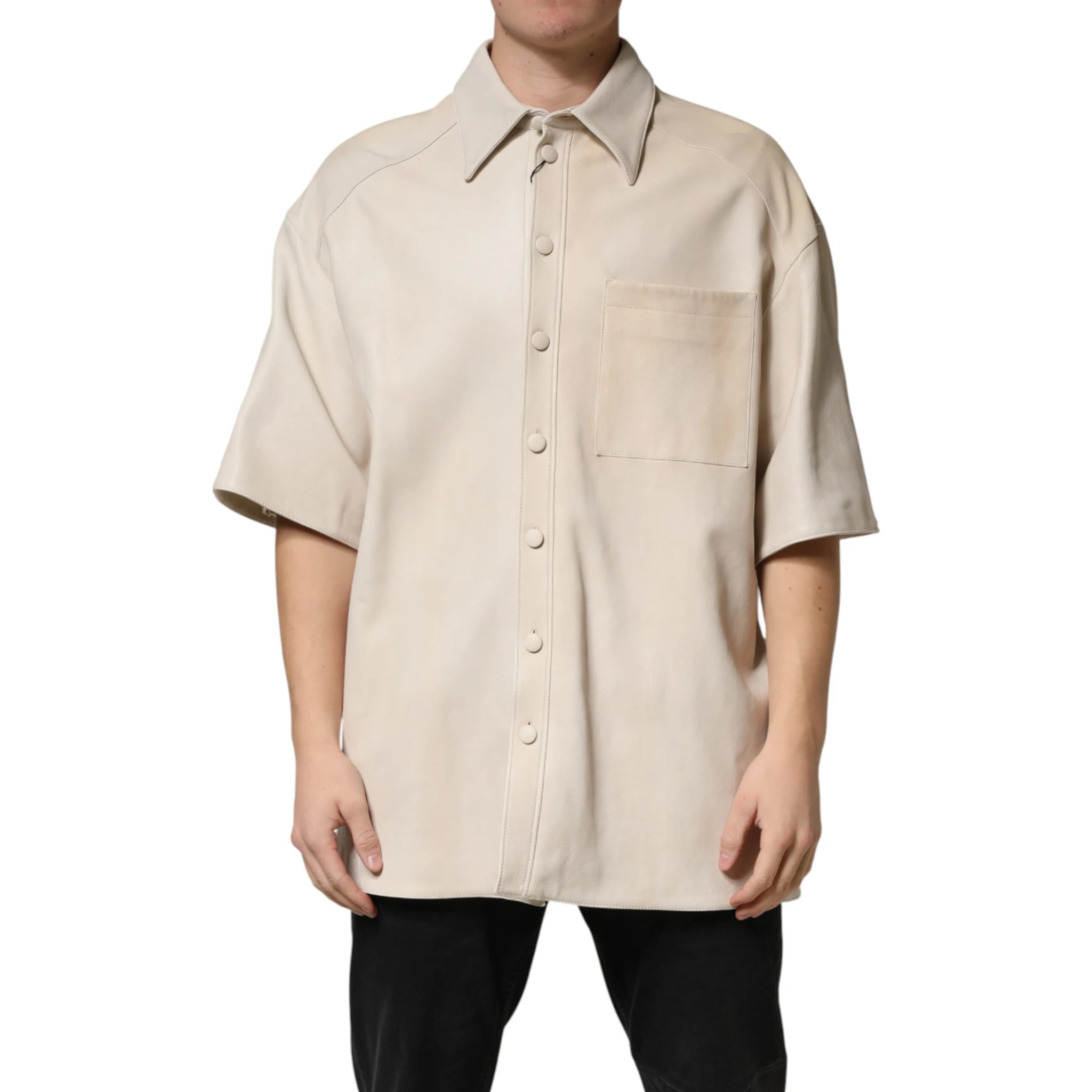 Beige Leather Button Down Men Casual Shirt