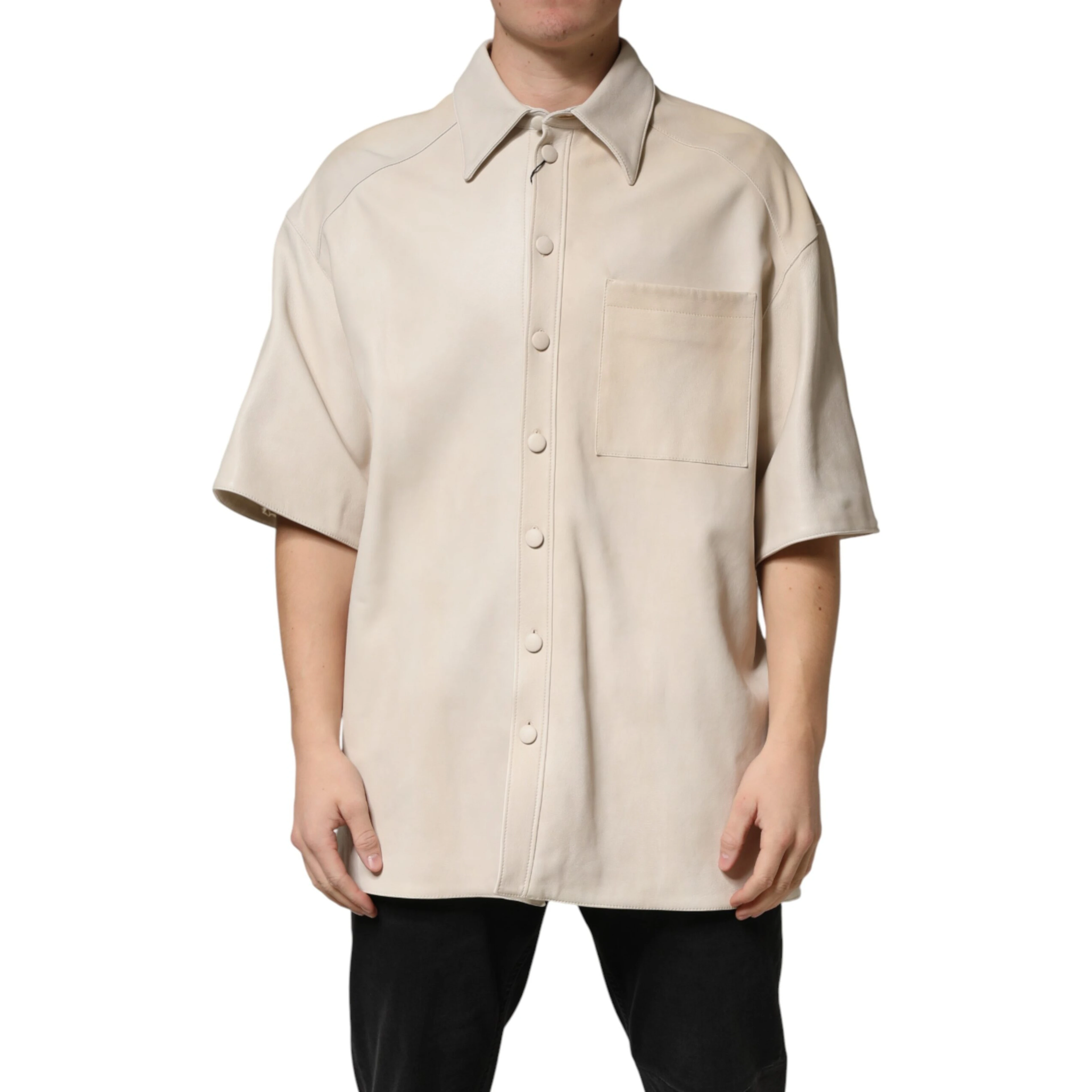 Beige Leather Button Down Men Casual Shirt